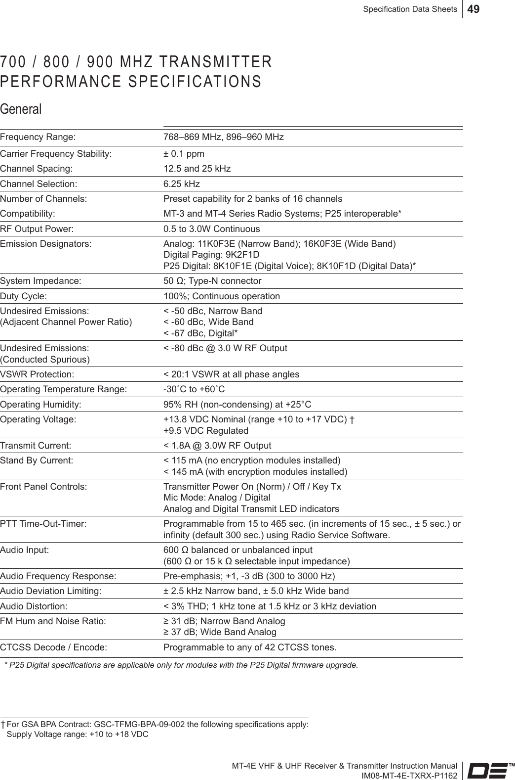 MT-4E VHF &amp; UHF Receiver &amp; Transmitter Instruction ManualIM08-MT-4E-TXRX-P1162Specication Data Sheets 49700 / 800 / 900 MHZ TRANSMITTER  PERFORMANCE SPECIFICATIONSGeneralFrequency Range: 768–869 MHz, 896–960 MHz Carrier Frequency Stability: ± 0.1 ppm Channel Spacing: 12.5 and 25 kHzChannel Selection: 6.25 kHzNumber of Channels: Preset capability for 2 banks of 16 channelsCompatibility: MT-3 and MT-4 Series Radio Systems; P25 interoperable*RF Output Power: 0.5 to 3.0W ContinuousEmission Designators: Analog: 11K0F3E (Narrow Band); 16K0F3E (Wide Band) Digital Paging: 9K2F1D P25 Digital: 8K10F1E (Digital Voice); 8K10F1D (Digital Data)*System Impedance: 50 Ω; Type-N connectorDuty Cycle: 100%; Continuous operationUndesired Emissions: (Adjacent Channel Power Ratio)&lt; -50 dBc, Narrow Band&lt; -60 dBc, Wide Band&lt; -67 dBc, Digital*Undesired Emissions: (Conducted Spurious)&lt; -80 dBc @ 3.0 W RF Output VSWR Protection: &lt; 20:1 VSWR at all phase anglesOperating Temperature Range: -30˚C to +60˚COperating Humidity: 95% RH (non-condensing) at +25°COperating Voltage: +13.8 VDC Nominal (range +10 to +17 VDC) † +9.5 VDC RegulatedTransmit Current: &lt; 1.8A @ 3.0W RF Output Stand By Current: &lt; 115 mA (no encryption modules installed) &lt; 145 mA (with encryption modules installed)Front Panel Controls: Transmitter Power On (Norm) / Off / Key Tx Mic Mode: Analog / Digital Analog and Digital Transmit LED indicatorsPTT Time-Out-Timer: Programmable from 15 to 465 sec. (in increments of 15 sec., ± 5 sec.) or innity (default 300 sec.) using Radio Service Software.Audio Input: 600 Ω balanced or unbalanced input  (600 Ω or 15 k Ω selectable input impedance) Audio Frequency Response: Pre-emphasis; +1, -3 dB (300 to 3000 Hz)Audio Deviation Limiting: ± 2.5 kHz Narrow band, ± 5.0 kHz Wide bandAudio Distortion: &lt; 3% THD; 1 kHz tone at 1.5 kHz or 3 kHz deviationFM Hum and Noise Ratio: ≥ 31 dB; Narrow Band Analog≥ 37 dB; Wide Band AnalogCTCSS Decode / Encode: Programmable to any of 42 CTCSS tones.* P25 Digital specications are applicable only for modules with the P25 Digital rmware upgrade.† For GSA BPA Contract: GSC-TFMG-BPA-09-002 the following specications apply:  Supply Voltage range: +10 to +18 VDC