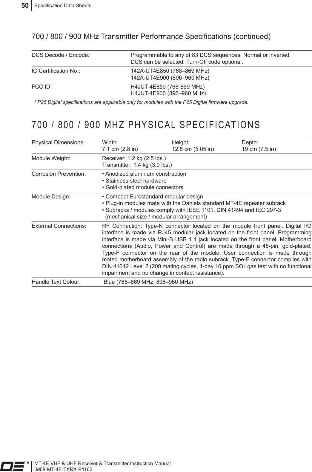 MT-4E VHF &amp; UHF Receiver &amp; Transmitter Instruction ManualIM08-MT-4E-TXRX-P1162Specication Data Sheets50700 / 800 / 900 MHz Transmitter Performance Specications (continued)DCS Decode / Encode: Programmable to any of 83 DCS sequences. Normal or inverted DCS can be selected. Turn-Off code optional.IC Certication No.: 142A-UT4E850 (768–869 MHz)142A-UT4E900 (896–960 MHz)FCC ID: H4JUT-4E850 (768-869 MHz)H4JUT-4E900 (896–960 MHz)* P25 Digital specications are applicable only for modules with the P25 Digital rmware upgrade.700 / 800 / 900 MHZ PHYSICAL SPECIFICATIONSPhysical Dimensions: Width: 7.1 cm (2.8 in)Height: 12.8 cm (5.05 in)Depth: 19 cm (7.5 in)Module Weight: Receiver: 1.2 kg (2.5 lbs.)  Transmitter: 1.4 kg (3.0 lbs.) Corrosion Prevention: • Anodized aluminum construction • Stainless steel hardware • Gold-plated module connectorsModule Design: • Compact Eurostandard modular design  • Plug-in modules mate with the Daniels standard MT-4E repeater subrack  • Subracks / modules comply with IEEE 1101, DIN 41494 and IEC 297-3    (mechanical size / modular arrangement)External Connections: RF  Connection:  Type-N  connector  located  on  the  module  front  panel.  Digital  I/O interface  is  made  via  RJ45  modular  jack located  on  the  front  panel.  Programming interface is  made via Mini-B USB 1.1  jack located on  the front panel.  Motherboard connections  (Audio,  Power  and  Control)  are  made  through  a  48-pin,  gold-plated, Type-F  connector  on  the  rear  of  the  module.  User  connection  is  made  through mated motherboard assembly of the radio subrack. Type-F connector complies with DIN 41612 Level 2 (200 mating cycles, 4-day 10 ppm SO2 gas test with no functional impairment and no change in contact resistance).Handle Text Colour:  Blue (768–869 MHz, 896–960 MHz)