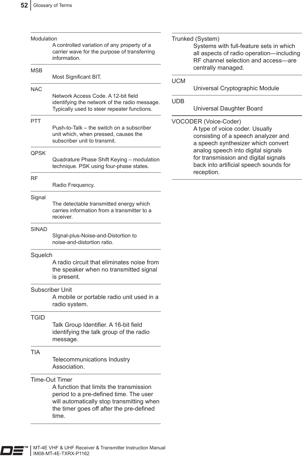 MT-4E VHF &amp; UHF Receiver &amp; Transmitter Instruction ManualIM08-MT-4E-TXRX-P1162Glossary of Terms52Modulation A controlled variation of any property of a carrier wave for the purpose of transferring information.MSB Most Signicant BIT.NAC Network Access Code. A 12-bit eld identifying the network of the radio message. Typically used to steer repeater functions.PTT Push-to-Talk – the switch on a subscriber unit which, when pressed, causes the subscriber unit to transmit.QPSK Quadrature Phase Shift Keying – modulation technique. PSK using four-phase states.RF Radio Frequency.Signal The detectable transmitted energy which carries information from a transmitter to a receiver.SINAD SIgnal-plus-Noise-and-Distortion to noise-and-distortion ratio.Squelch A radio circuit that eliminates noise from the speaker when no transmitted signal is present.Subscriber Unit A mobile or portable radio unit used in a radio system.TGID Talk Group Identier. A 16-bit eld identifying the talk group of the radio message.TIA Telecommunications Industry Association.Time-Out Timer A function that limits the transmission period to a pre-dened time. The user will automatically stop transmitting when the timer goes off after the pre-dened time.Trunked (System) Systems with full-feature sets in which all aspects of radio operation—including RF channel selection and access—are centrally managed.UCM Universal Cryptographic ModuleUDB Universal Daughter BoardVOCODER (Voice-Coder) A type of voice coder. Usually consisting of a speech analyzer and a speech synthesizer which convert analog speech into digital signals for transmission and digital signals back into articial speech sounds for reception.