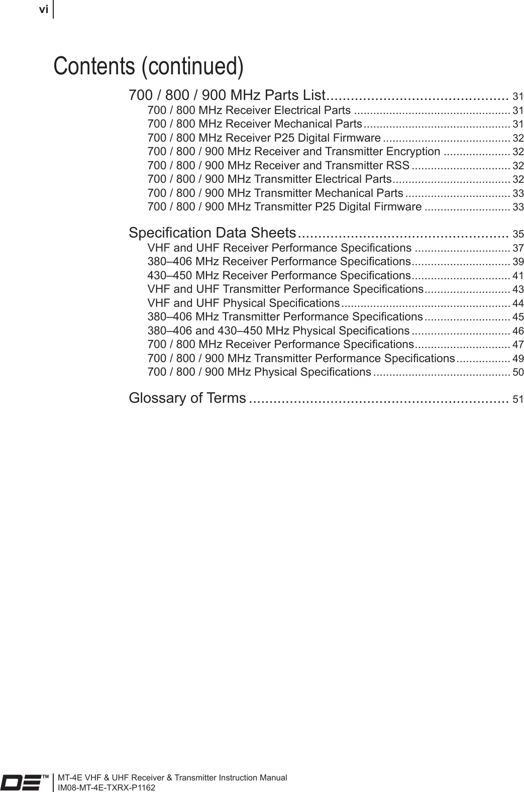 MT-4E VHF &amp; UHF Receiver &amp; Transmitter Instruction ManualIM08-MT-4E-TXRX-P1162 vi700 / 800 / 900 MHz Parts List ............................................. 31700 / 800 MHz Receiver Electrical Parts ................................................. 31700 / 800 MHz Receiver Mechanical Parts .............................................. 31700 / 800 MHz Receiver P25 Digital Firmware ........................................ 32700 / 800 / 900 MHz Receiver and Transmitter Encryption ..................... 32700 / 800 / 900 MHz Receiver and Transmitter RSS ............................... 32700 / 800 / 900 MHz Transmitter Electrical Parts ..................................... 32700 / 800 / 900 MHz Transmitter Mechanical Parts ................................. 33700 / 800 / 900 MHz Transmitter P25 Digital Firmware ........................... 33Specication Data Sheets .................................................... 35VHF and UHF Receiver Performance Specications .............................. 37380–406 MHz Receiver Performance Specications ............................... 39430–450 MHz Receiver Performance Specications ............................... 41VHF and UHF Transmitter Performance Specications ........................... 43VHF and UHF Physical Specications ..................................................... 44380–406 MHz Transmitter Performance Specications ........................... 45380–406 and 430–450 MHz Physical Specications ............................... 46700 / 800 MHz Receiver Performance Specications .............................. 47700 / 800 / 900 MHz Transmitter Performance Specications ................. 49700 / 800 / 900 MHz Physical Specications ........................................... 50Glossary of Terms ................................................................ 51Contents (continued)