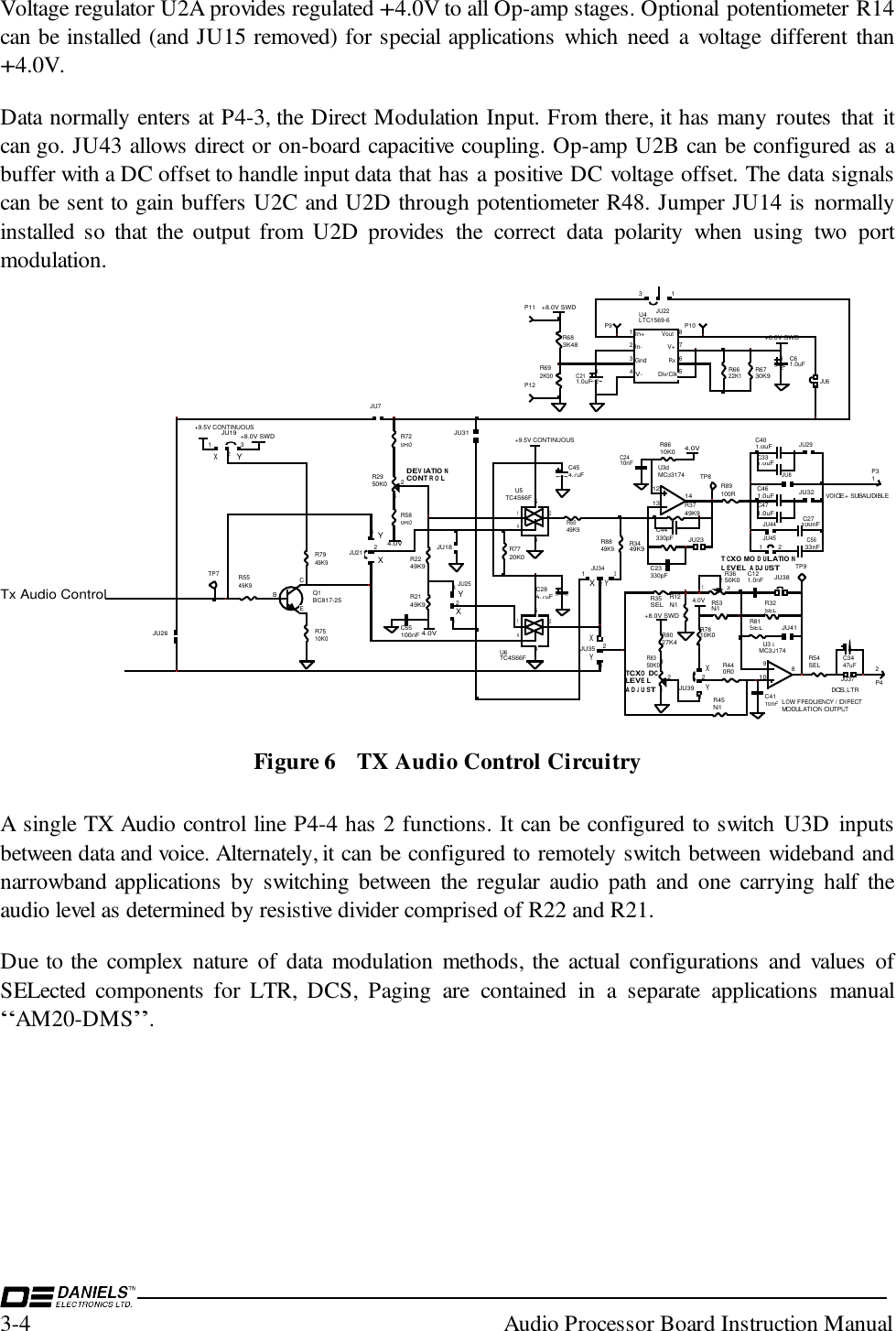 3-4  Audio Processor Board Instruction ManualVoltage regulator U2A provides regulated +4.0V to all Op-amp stages. Optional potentiometer R14can be installed (and JU15 removed) for special applications which need a voltage different than+4.0V.Data normally enters at P4-3, the Direct Modulation Input. From there, it has many routes that itcan go. JU43 allows direct or on-board capacitive coupling. Op-amp U2B can be configured as abuffer with a DC offset to handle input data that has a positive DC voltage offset. The data signalscan be sent to gain buffers U2C and U2D through potentiometer R48. Jumper JU14 is normallyinstalled so that the output from U2D provides the correct data polarity when using two portmodulation.XYDEVIATIONCONTROLLOW FREQUENCY /  DIRECT MODULATION  OUTPUTXYXYXYXYVOICE + SUBAUDIBLEDCS, LTRXYTCXO DCLEVELA DJUSTTCXO MOD ULATIONLEVEL  A DJUST1P32P4JU37213JU22+9.5V CONTINUOUS4.7uFC454.7uFC28123R2950K0R5549K9R7510K0EBCQ1BC817-25+8.0V SWDJU6JU31R440R0R45N/IC121.0nFR54SEL123R3650K0JU32SELR32JU2947uFC34R12N/IR7949K9JU7 In+ In- Gnd V-Vout V+  Rx Div/Clk 12348765U4LTC1569-6R6622K1R6730K9R683K48R692K00+8.0V SWDP11P12P9 P109108U3MC33174c0R0R720R0R5812C211.0uF12C61.0uFR3749K9R3449K94.0VC2410nF+8.0V SWD4.0VJU23TP7TP8TP9SELR81JU4110nFC41R8610K0321R8350K0R53N/IR8027K4+8.0V SWD123JU35R7810K0231JU39123JU34JU38C23330pFC44330pF131214U3MC33174dR35SELJU8100nFC271.0uFC331.0uFC401.0uFC471.0uFC46123JU25R2249K9R2149K91 2345U5TC4S66F1 2345U6TC4S66F4.0VR5049K9R8849K9JU264.0VC55100nFJU4433nFC56+9.5V CONTINUOUSR7720K0JU1821 3JU19231JU211 2JU45R89100RTx Audio ControlFigure 6 TX Audio Control CircuitryA single TX Audio control line P4-4 has 2 functions. It can be configured to switch U3D inputsbetween data and voice. Alternately, it can be configured to remotely switch between wideband andnarrowband applications by switching between the regular audio path and one carrying half theaudio level as determined by resistive divider comprised of R22 and R21.Due to the complex nature of data modulation methods, the actual configurations and values ofSELected components for LTR, DCS, Paging are contained in a separate applications manual“AM20-DMS”.