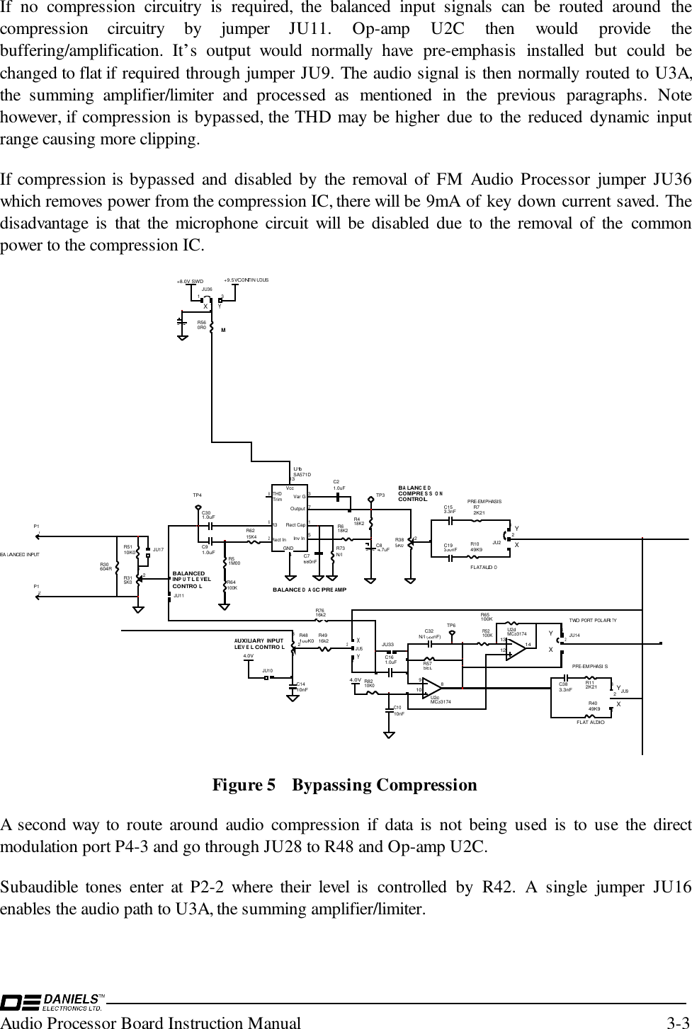 Audio Processor Board Instruction Manual 3-3If no compression circuitry is required, the balanced input signals can be routed around thecompression circuitry by jumper JU11. Op-amp U2C then would provide thebuffering/amplification. It’s output would normally have pre-emphasis installed but could bechanged to flat if required through jumper JU9. The audio signal is then normally routed to U3A,the summing amplifier/limiter and processed as mentioned in the previous paragraphs. Notehowever, if compression is bypassed, the THD may be higher due to the reduced dynamic inputrange causing more clipping.If compression is bypassed and disabled by the removal of FM Audio Processor jumper JU36which removes power from the compression IC, there will be 9mA of key down current saved. Thedisadvantage is that the microphone circuit will be disabled due to the removal of the commonpower to the compression IC.BALANCEDINPUT LE VELCONTRO LBALANCED INPUTXYAUXILIARY INPUT  LEV EL CONTRO LBALANCED AGC PREAMPBALANCEDCOMPRESSIONCONTROLFLAT AUDIOPRE-EMPHASISXYXYFLAT AUDIOPRE-EMPHASI SXYTWO PORT POLARITY2P11P1C1010nF123JU5321100K0R48680nFC74.7uFC8TP3SELR57N/I (22nF)C32VccRect InVar GRect CapOutputInv InR3THD Trim GND2317568134SA571DU1b9108U2MC33174cR73N/I131214U2MC33174d4.0VTP6C91.0uFC301.0uFR8210K0R4916k2C1410nF4.0VR7616k2C161.0uFJU33R6215K4R51M00R418K2R618K2C153.3nF R72K21R1049K9330nFC19C21.0uFR5110K0213JU2JU11TP4JU10R52100KR65100KC383.3nFR112K21R4049K9213JU14123R315K0R30604RR64100KJU17123JU93215K0R38+9.5V CONTIN UOUSXYM+8.0V SWDR560R0231JU36Figure 5 Bypassing CompressionA second way to route around audio compression if data is not being used is to use the directmodulation port P4-3 and go through JU28 to R48 and Op-amp U2C.Subaudible tones enter at P2-2 where their level is controlled by R42. A single jumper JU16enables the audio path to U3A, the summing amplifier/limiter.