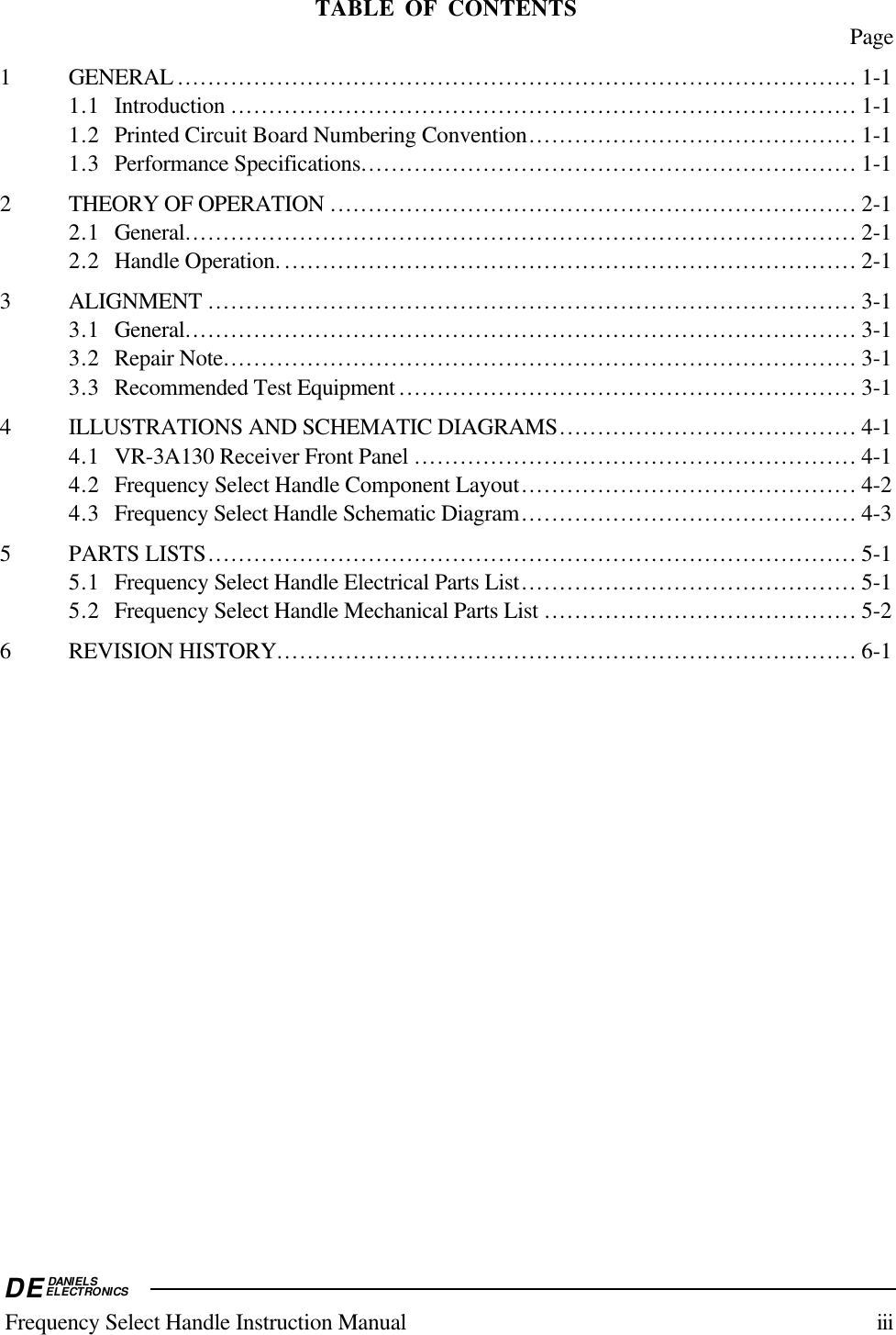 DEDANIELSELECTRONICS Frequency Select Handle Instruction Manual iiiTABLE OF CONTENTS Page1 GENERAL ......................................................................................... 1-11.1 Introduction .................................................................................. 1-11.2 Printed Circuit Board Numbering Convention........................................... 1-11.3 Performance Specifications................................................................. 1-12 THEORY OF OPERATION ..................................................................... 2-12.1 General........................................................................................ 2-12.2 Handle Operation. ........................................................................... 2-13 ALIGNMENT ..................................................................................... 3-13.1 General........................................................................................ 3-13.2 Repair Note................................................................................... 3-13.3 Recommended Test Equipment ............................................................ 3-14 ILLUSTRATIONS AND SCHEMATIC DIAGRAMS....................................... 4-14.1 VR-3A130 Receiver Front Panel .......................................................... 4-14.2 Frequency Select Handle Component Layout............................................ 4-24.3 Frequency Select Handle Schematic Diagram............................................ 4-35 PARTS LISTS..................................................................................... 5-15.1 Frequency Select Handle Electrical Parts List............................................ 5-15.2 Frequency Select Handle Mechanical Parts List ......................................... 5-26 REVISION HISTORY............................................................................ 6-1