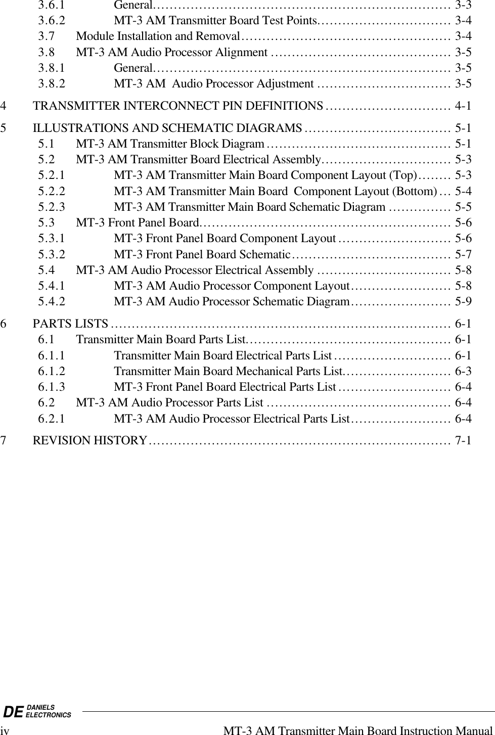 DE DANIELSELECTRONICSiv MT-3 AM Transmitter Main Board Instruction Manual3.6.1 General....................................................................... 3-33.6.2 MT-3 AM Transmitter Board Test Points................................ 3-43.7 Module Installation and Removal.................................................. 3-43.8 MT-3 AM Audio Processor Alignment ........................................... 3-53.8.1 General....................................................................... 3-53.8.2 MT-3 AM  Audio Processor Adjustment ................................ 3-54 TRANSMITTER INTERCONNECT PIN DEFINITIONS.............................. 4-15 ILLUSTRATIONS AND SCHEMATIC DIAGRAMS ................................... 5-15.1 MT-3 AM Transmitter Block Diagram ............................................ 5-15.2 MT-3 AM Transmitter Board Electrical Assembly............................... 5-35.2.1 MT-3 AM Transmitter Main Board Component Layout (Top)........ 5-35.2.2 MT-3 AM Transmitter Main Board  Component Layout (Bottom) ... 5-45.2.3 MT-3 AM Transmitter Main Board Schematic Diagram ............... 5-55.3 MT-3 Front Panel Board............................................................ 5-65.3.1 MT-3 Front Panel Board Component Layout ........................... 5-65.3.2 MT-3 Front Panel Board Schematic...................................... 5-75.4 MT-3 AM Audio Processor Electrical Assembly ................................ 5-85.4.1 MT-3 AM Audio Processor Component Layout........................ 5-85.4.2 MT-3 AM Audio Processor Schematic Diagram........................ 5-96 PARTS LISTS................................................................................. 6-16.1 Transmitter Main Board Parts List................................................. 6-16.1.1 Transmitter Main Board Electrical Parts List ............................ 6-16.1.2 Transmitter Main Board Mechanical Parts List.......................... 6-36.1.3 MT-3 Front Panel Board Electrical Parts List ........................... 6-46.2 MT-3 AM Audio Processor Parts List ............................................ 6-46.2.1 MT-3 AM Audio Processor Electrical Parts List........................ 6-47 REVISION HISTORY........................................................................ 7-1