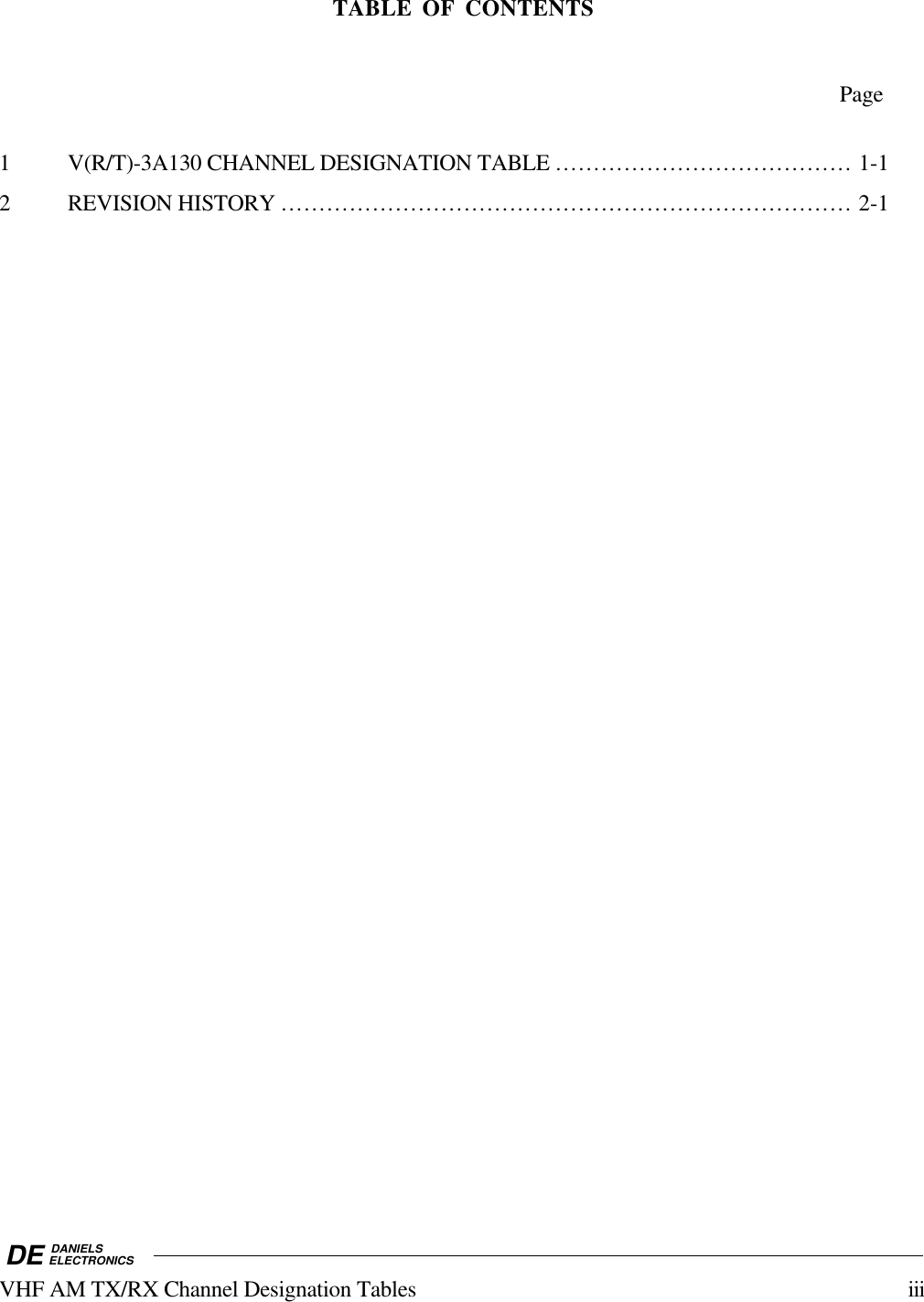 DE DANIELSELECTRONICSVHF AM TX/RX Channel Designation Tables iiiTABLE OF CONTENTSPage1 V(R/T)-3A130 CHANNEL DESIGNATION TABLE ....................................... 1-12 REVISION HISTORY ........................................................................... 2-1