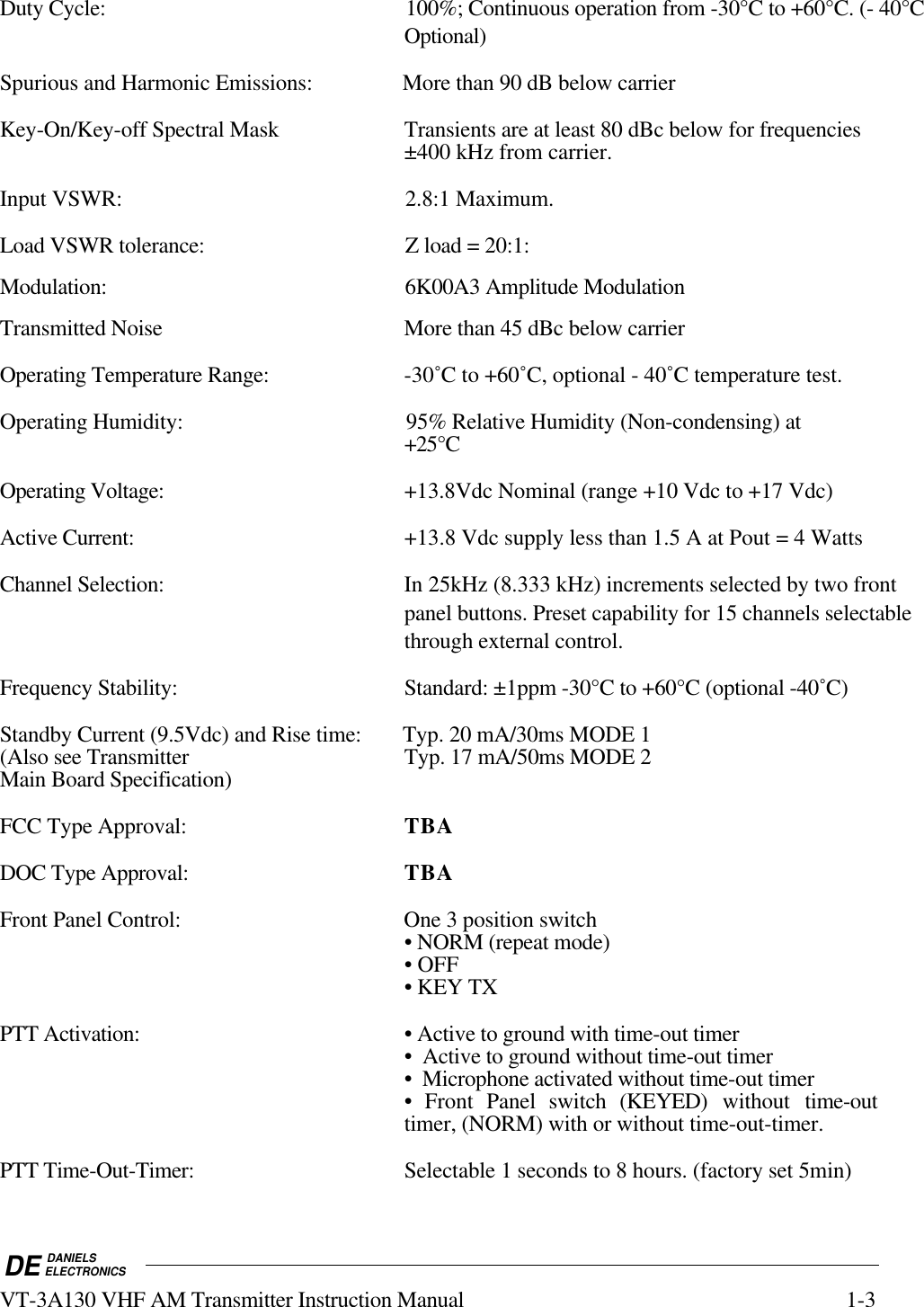 DE DANIELSELECTRONICSVT-3A130 VHF AM Transmitter Instruction Manual 1-3Duty Cycle: 100%; Continuous operation from -30°C to +60°C. (- 40°COptional)Spurious and Harmonic Emissions: More than 90 dB below carrierKey-On/Key-off Spectral Mask  Transients are at least 80 dBc below for frequencies±400 kHz from carrier.Input VSWR: 2.8:1 Maximum.Load VSWR tolerance: Z load = 20:1:Modulation: 6K00A3 Amplitude ModulationTransmitted Noise More than 45 dBc below carrierOperating Temperature Range: -30˚C to +60˚C, optional - 40˚C temperature test.Operating Humidity: 95% Relative Humidity (Non-condensing) at+25°COperating Voltage: +13.8Vdc Nominal (range +10 Vdc to +17 Vdc)Active Current: +13.8 Vdc supply less than 1.5 A at Pout = 4 WattsChannel Selection: In 25kHz (8.333 kHz) increments selected by two frontpanel buttons. Preset capability for 15 channels selectablethrough external control.Frequency Stability:  Standard: ±1ppm -30°C to +60°C (optional -40˚C)Standby Current (9.5Vdc) and Rise time: Typ. 20 mA/30ms MODE 1(Also see Transmitter Typ. 17 mA/50ms MODE 2Main Board Specification)FCC Type Approval: TBADOC Type Approval: TBAFront Panel Control: One 3 position switch• NORM (repeat mode)• OFF• KEY TXPTT Activation: • Active to ground with time-out timer•  Active to ground without time-out timer•  Microphone activated without time-out timer• Front Panel switch (KEYED)  without  time-outtimer, (NORM) with or without time-out-timer.PTT Time-Out-Timer: Selectable 1 seconds to 8 hours. (factory set 5min)