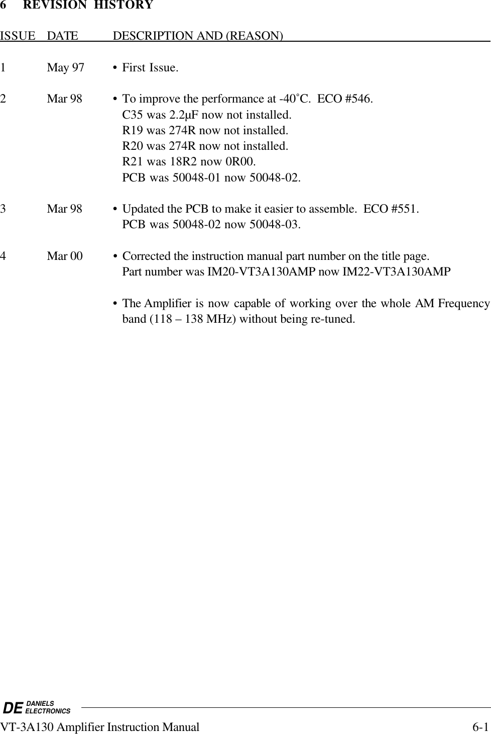 DE DANIELSELECTRONICSVT-3A130 Amplifier Instruction Manual 6-16 REVISION HISTORYISSUE            DATE                   DESCRIPTION       AND      (REASON)                                                                    1 May 97 • First Issue.2 Mar 98 • To improve the performance at -40˚C.  ECO #546.C35 was 2.2µF now not installed.R19 was 274R now not installed.R20 was 274R now not installed.R21 was 18R2 now 0R00.PCB was 50048-01 now 50048-02.3 Mar 98 • Updated the PCB to make it easier to assemble.  ECO #551.PCB was 50048-02 now 50048-03.4 Mar 00 • Corrected the instruction manual part number on the title page.Part number was IM20-VT3A130AMP now IM22-VT3A130AMP• The Amplifier is now capable of working over the whole AM Frequencyband (118 – 138 MHz) without being re-tuned.