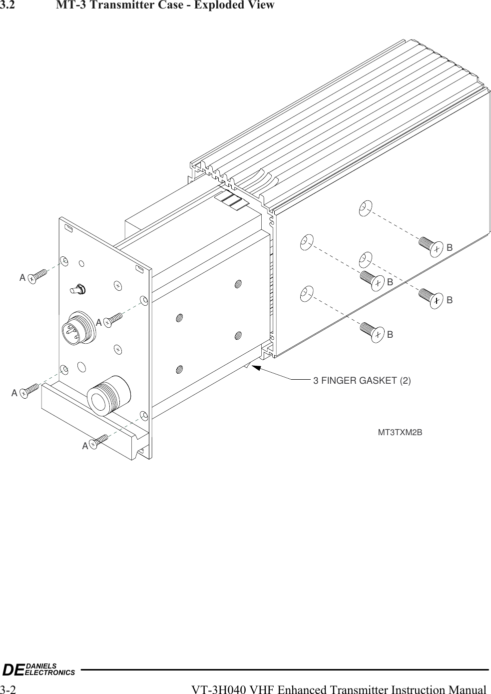  DEDANIELSELECTRONICS3-2  VT-3H040 VHF Enhanced Transmitter Instruction Manual   3.2  MT-3 Transmitter Case - Exploded View  3 FINGER GASKET (2)AAAABBBBMT3TXM2B 