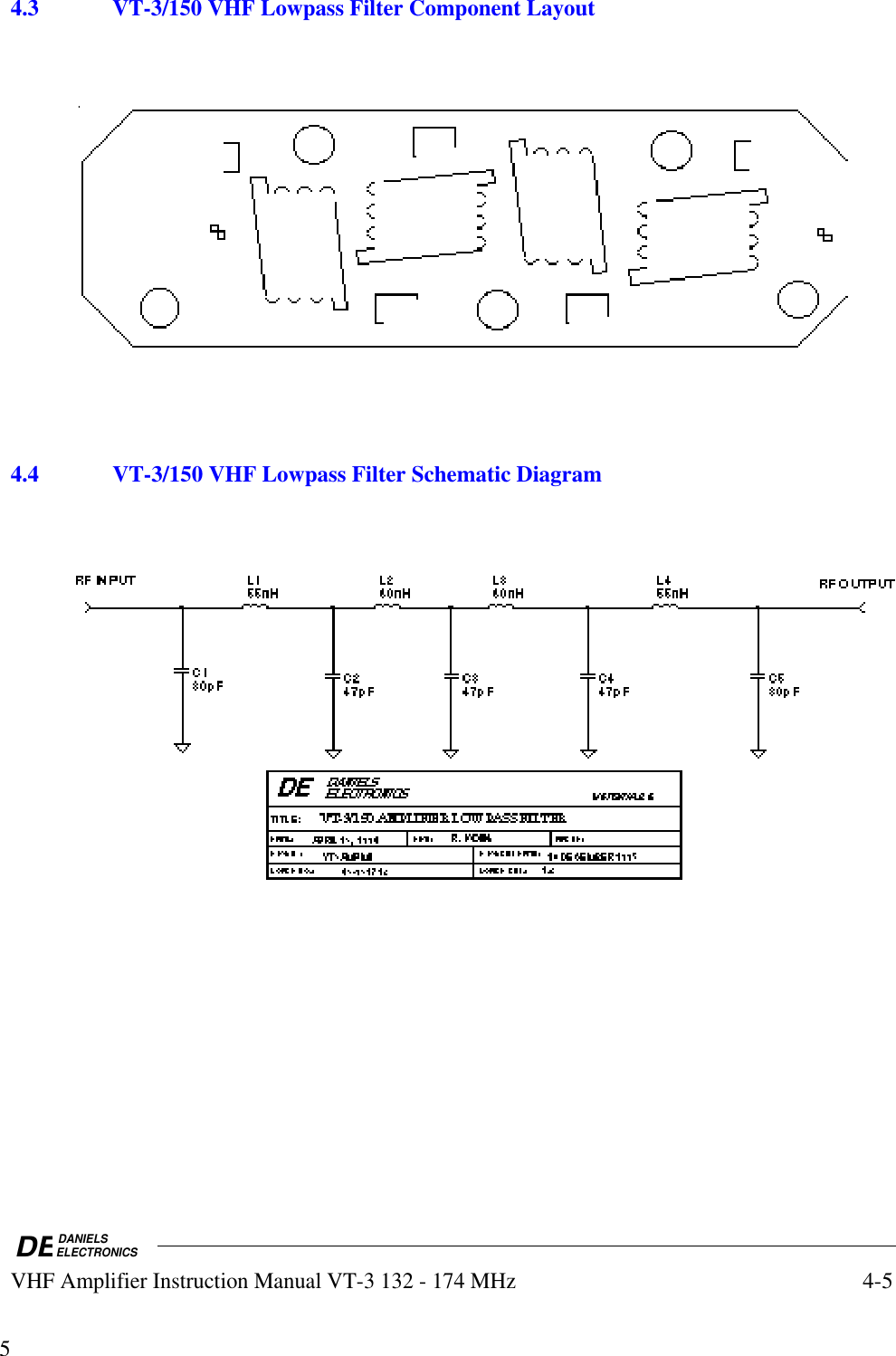 DEDANIELSELECTRONICSVHF Amplifier Instruction Manual VT-3 132 - 174 MHz4-554.3VT-3/150 VHF Lowpass Filter Component Layout4.4 VT-3/150 VHF Lowpass Filter Schematic Diagram