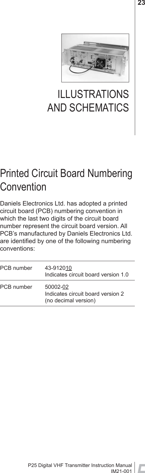 P25 Digital VHF Transmitter Instruction ManualIM21-00123Printed Circuit Board Numbering ConventionDaniels Electronics Ltd. has adopted a printed circuit board (PCB) numbering convention in which the last two digits of the circuit board number represent the circuit board version. All PCB’s manufactured by Daniels Electronics Ltd. are identiﬁ ed by one of the following numbering conventions:PCB number  43-912010  Indicates circuit board version 1.0PCB number  50002-02  Indicates circuit board version 2  (no decimal version)ILLUSTRATIONS AND SCHEMATICS