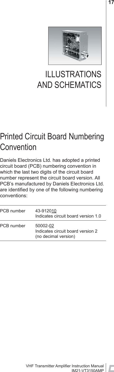 VHF Transmitter Ampliﬁ er Instruction ManualIM21-VT3150AMP17Printed Circuit Board Numbering ConventionDaniels Electronics Ltd. has adopted a printed circuit board (PCB) numbering convention in which the last two digits of the circuit board number represent the circuit board version. All PCB’s manufactured by Daniels Electronics Ltd. are identiﬁ ed by one of the following numbering conventions:PCB number  43-912010Indicates circuit board version 1.0PCB number  50002-02Indicates circuit board version 2(no decimal version)ILLUSTRATIONS AND SCHEMATICS