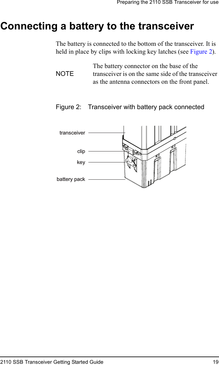 Preparing the 2110 SSB Transceiver for use2110 SSB Transceiver Getting Started Guide 19Connecting a battery to the transceiverThe battery is connected to the bottom of the transceiver. It is held in place by clips with locking key latches (see Figure 2).Figure 2: Transceiver with battery pack connectedNOTEThe battery connector on the base of the transceiver is on the same side of the transceiver as the antenna connectors on the front panel.keycliptransceiverbattery pack