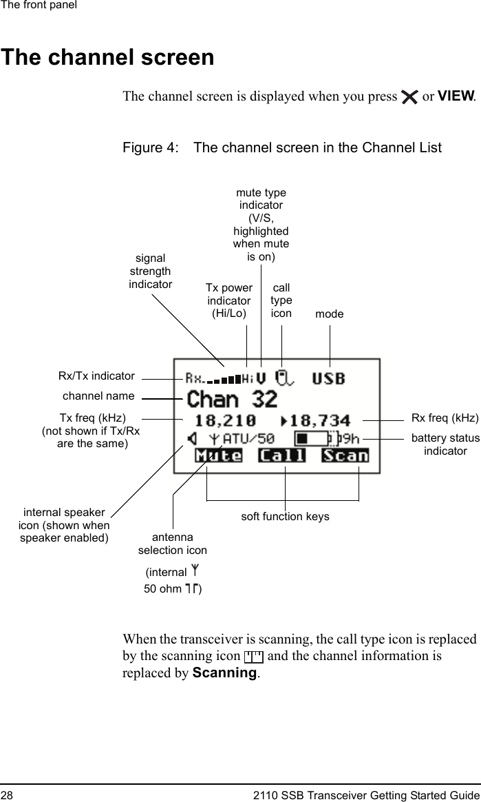 The front panel28 2110 SSB Transceiver Getting Started GuideThe channel screenThe channel screen is displayed when you press  or VIEW.Figure 4: The channel screen in the Channel ListWhen the transceiver is scanning, the call type icon is replaced by the scanning icon   and the channel information is replaced by Scanning.soft function keysantennabattery statusindicatorTx powerindicator(Hi/Lo)channel namecallRx freq (kHz)Rx/Tx indicatormute typeindicatorinternal speakersignalstrength(V/S,typeiconhighlightedwhen muteis on)modeindicatorTx freq (kHz)(not shown if Tx/Rx are the same)icon (shown whenspeaker enabled)(internal50 ohm  )selection icon