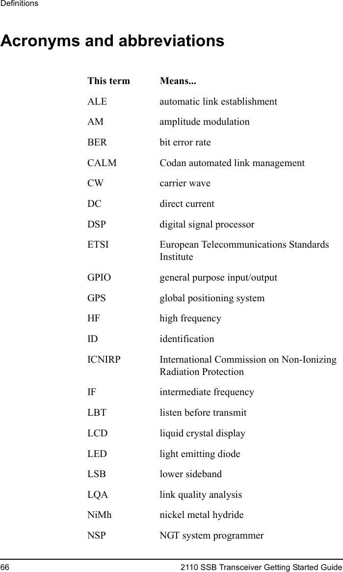 Definitions66 2110 SSB Transceiver Getting Started GuideAcronyms and abbreviationsThis term Means...ALE automatic link establishmentAM amplitude modulationBER bit error rateCALM Codan automated link managementCW carrier waveDC direct currentDSP digital signal processorETSI European Telecommunications Standards InstituteGPIO general purpose input/outputGPS global positioning systemHF high frequencyID identificationICNIRP International Commission on Non-Ionizing Radiation ProtectionIF intermediate frequencyLBT listen before transmitLCD liquid crystal displayLED light emitting diodeLSB lower sidebandLQA link quality analysisNiMh nickel metal hydrideNSP NGT system programmer