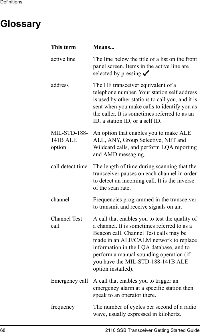 Definitions68 2110 SSB Transceiver Getting Started GuideGlossaryThis term Means...active line The line below the title of a list on the front panel screen. Items in the active line are selected by pressing .address The HF transceiver equivalent of a telephone number. Your station self address is used by other stations to call you, and it is sent when you make calls to identify you as the caller. It is sometimes referred to as an ID, a station ID, or a self ID.MIL-STD-188-141B ALE optionAn option that enables you to make ALE ALL, ANY, Group Selective, NET and Wildcard calls, and perform LQA reporting and AMD messaging.call detect time The length of time during scanning that the transceiver pauses on each channel in order to detect an incoming call. It is the inverse of the scan rate.channel Frequencies programmed in the transceiver to transmit and receive signals on air.Channel Test callA call that enables you to test the quality of a channel. It is sometimes referred to as a Beacon call. Channel Test calls may be made in an ALE/CALM network to replace information in the LQA database, and to perform a manual sounding operation (if you have the MIL-STD-188-141B ALE option installed).Emergency call A call that enables you to trigger an emergency alarm at a specific station then speak to an operator there.frequency The number of cycles per second of a radio wave, usually expressed in kilohertz.