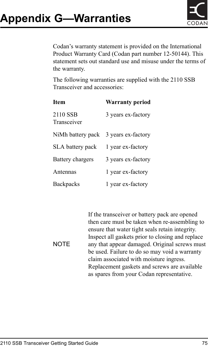 2110 SSB Transceiver Getting Started Guide 75CODANAppendix G—WarrantiesCodan’s warranty statement is provided on the International Product Warranty Card (Codan part number 12-50144). This statement sets out standard use and misuse under the terms of the warranty.The following warranties are supplied with the 2110 SSB Transceiver and accessories:Item Warranty period2110 SSB Transceiver3 years ex-factoryNiMh battery pack 3 years ex-factorySLA battery pack 1 year ex-factoryBattery chargers 3 years ex-factoryAntennas 1 year ex-factoryBackpacks 1 year ex-factoryNOTEIf the transceiver or battery pack are opened then care must be taken when re-assembling to ensure that water tight seals retain integrity. Inspect all gaskets prior to closing and replace any that appear damaged. Original screws must be used. Failure to do so may void a warranty claim associated with moisture ingress. Replacement gaskets and screws are available as spares from your Codan representative.