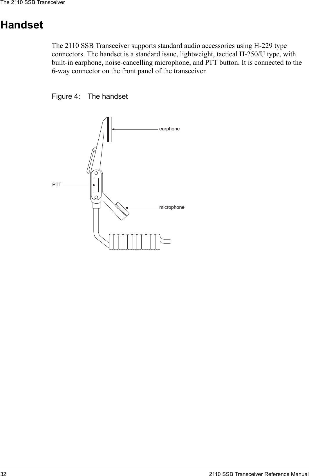 The 2110 SSB Transceiver32 2110 SSB Transceiver Reference ManualHandsetThe 2110 SSB Transceiver supports standard audio accessories using H-229 type connectors. The handset is a standard issue, lightweight, tactical H-250/U type, with built-in earphone, noise-cancelling microphone, and PTT button. It is connected to the 6-way connector on the front panel of the transceiver.Figure 4: The handsetearphonemicrophonePTT