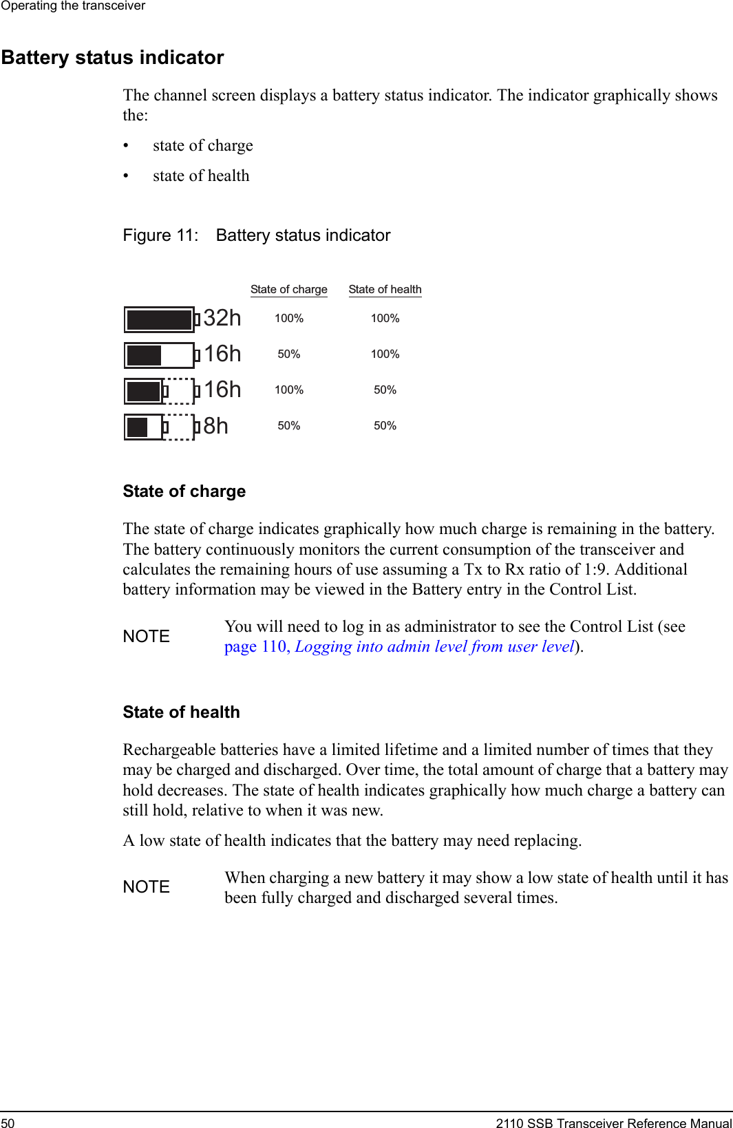 Operating the transceiver50 2110 SSB Transceiver Reference ManualBattery status indicatorThe channel screen displays a battery status indicator. The indicator graphically shows the:• state of charge• state of healthFigure 11: Battery status indicatorState of chargeThe state of charge indicates graphically how much charge is remaining in the battery. The battery continuously monitors the current consumption of the transceiver and calculates the remaining hours of use assuming a Tx to Rx ratio of 1:9. Additional battery information may be viewed in the Battery entry in the Control List.State of healthRechargeable batteries have a limited lifetime and a limited number of times that they may be charged and discharged. Over time, the total amount of charge that a battery may hold decreases. The state of health indicates graphically how much charge a battery can still hold, relative to when it was new.A low state of health indicates that the battery may need replacing.NOTE You will need to log in as administrator to see the Control List (see page 110, Logging into admin level from user level).NOTE When charging a new battery it may show a low state of health until it has been fully charged and discharged several times.State of charge State of health100%50%100%100%50%100%50% 50% 32h16h16h8h