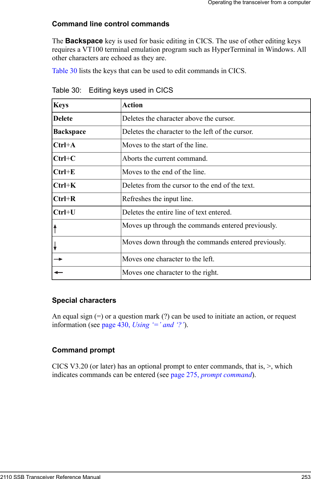 Operating the transceiver from a computer2110 SSB Transceiver Reference Manual 253Command line control commandsThe Backspace key is used for basic editing in CICS. The use of other editing keys requires a VT100 terminal emulation program such as HyperTerminal in Windows. All other characters are echoed as they are.Table 30 lists the keys that can be used to edit commands in CICS.Special charactersAn equal sign (=) or a question mark (?) can be used to initiate an action, or request information (see page 430, Using ‘=’ and ‘?’).Command promptCICS V3.20 (or later) has an optional prompt to enter commands, that is, &gt;, which indicates commands can be entered (see page 275, prompt command).Table 30: Editing keys used in CICSKeys ActionDelete  Deletes the character above the cursor.Backspace  Deletes the character to the left of the cursor.Ctrl+A  Moves to the start of the line.Ctrl+C  Aborts the current command.Ctrl+E  Moves to the end of the line.Ctrl+K  Deletes from the cursor to the end of the text.Ctrl+R  Refreshes the input line.Ctrl+U  Deletes the entire line of text entered. Moves up through the commands entered previously. Moves down through the commands entered previously.Moves one character to the left.Moves one character to the right.