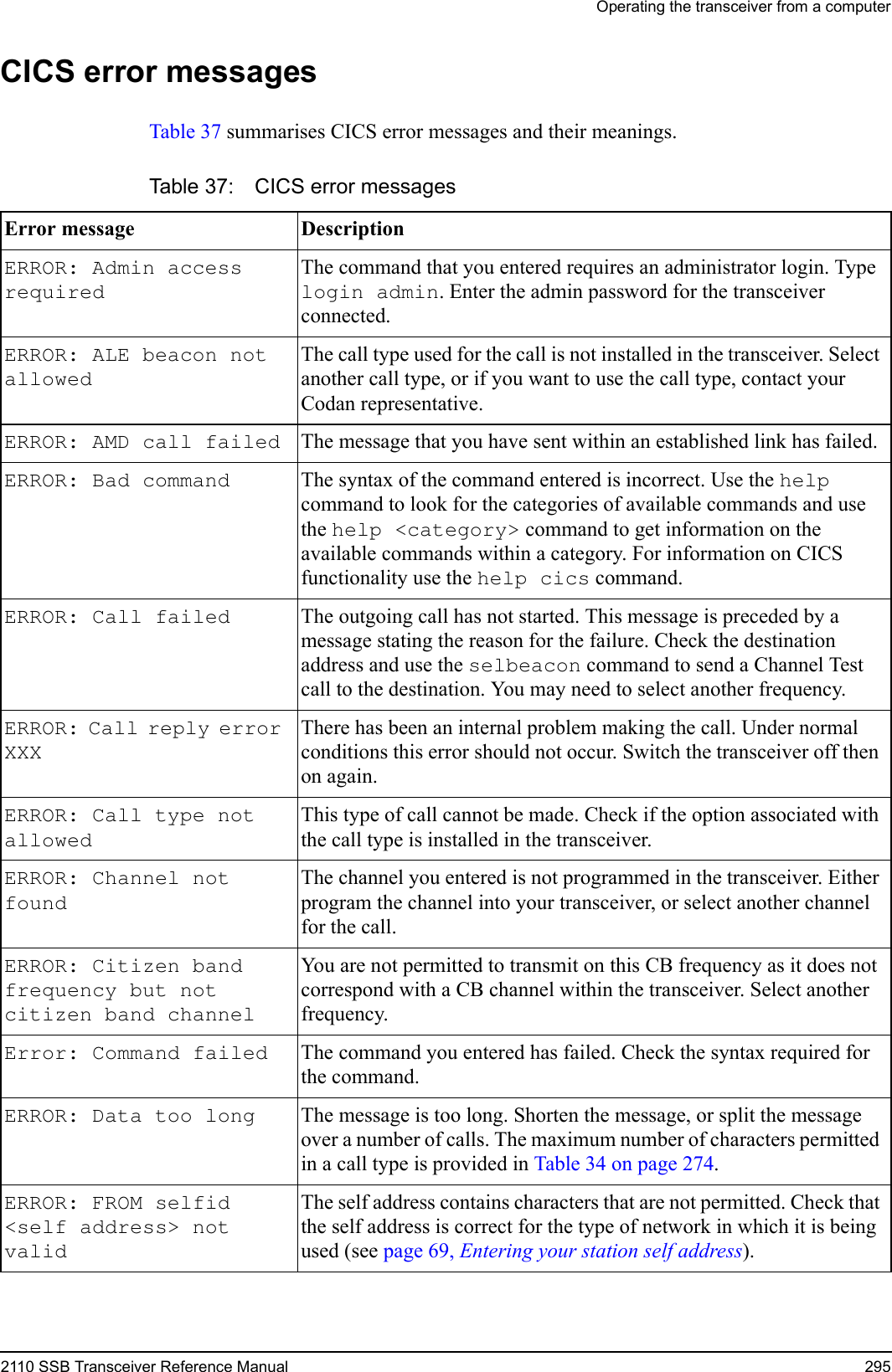 Operating the transceiver from a computer2110 SSB Transceiver Reference Manual 295CICS error messagesTable 37 summarises CICS error messages and their meanings.Table 37: CICS error messages Error message Description ERROR: Admin access required The command that you entered requires an administrator login. Type login admin. Enter the admin password for the transceiver connected.ERROR: ALE beacon not allowed The call type used for the call is not installed in the transceiver. Select another call type, or if you want to use the call type, contact your Codan representative.ERROR: AMD call failed  The message that you have sent within an established link has failed.ERROR: Bad command  The syntax of the command entered is incorrect. Use the help command to look for the categories of available commands and use the help &lt;category&gt; command to get information on the available commands within a category. For information on CICS functionality use the help cics command.ERROR: Call failed  The outgoing call has not started. This message is preceded by a message stating the reason for the failure. Check the destination address and use the selbeacon command to send a Channel Test call to the destination. You may need to select another frequency.ERROR: Call reply error XXX There has been an internal problem making the call. Under normal conditions this error should not occur. Switch the transceiver off then on again.ERROR: Call type not allowed This type of call cannot be made. Check if the option associated with the call type is installed in the transceiver.ERROR: Channel not found The channel you entered is not programmed in the transceiver. Either program the channel into your transceiver, or select another channel for the call.ERROR: Citizen band frequency but not citizen band channel You are not permitted to transmit on this CB frequency as it does not correspond with a CB channel within the transceiver. Select another frequency.Error: Command failed  The command you entered has failed. Check the syntax required for the command.ERROR: Data too long  The message is too long. Shorten the message, or split the message over a number of calls. The maximum number of characters permitted in a call type is provided in Table 34 on page 274.ERROR: FROM selfid &lt;self address&gt; not valid The self address contains characters that are not permitted. Check that the self address is correct for the type of network in which it is being used (see page 69, Entering your station self address).