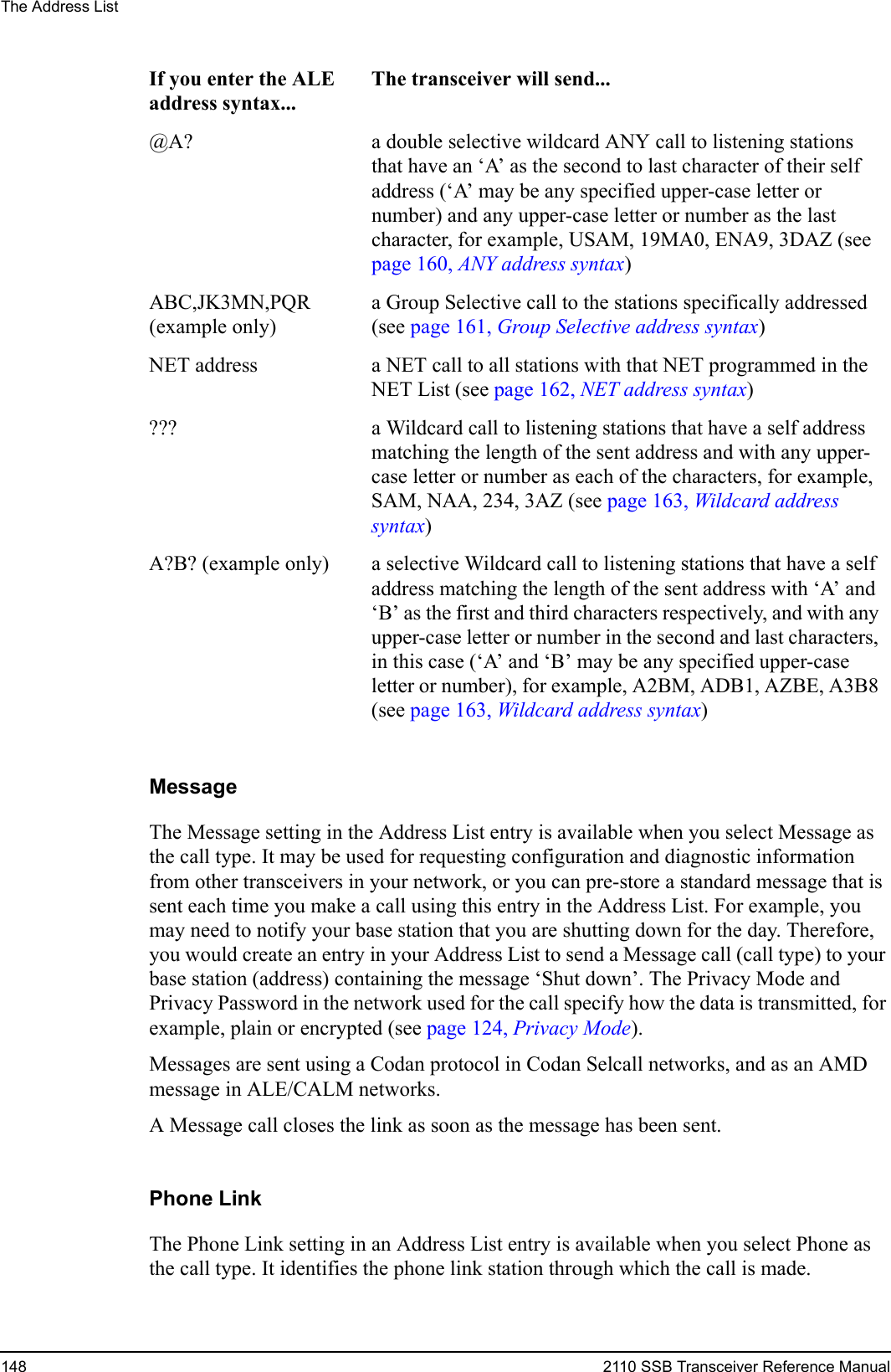 The Address List148 2110 SSB Transceiver Reference ManualMessageThe Message setting in the Address List entry is available when you select Message as the call type. It may be used for requesting configuration and diagnostic information from other transceivers in your network, or you can pre-store a standard message that is sent each time you make a call using this entry in the Address List. For example, you may need to notify your base station that you are shutting down for the day. Therefore, you would create an entry in your Address List to send a Message call (call type) to your base station (address) containing the message ‘Shut down’. The Privacy Mode and Privacy Password in the network used for the call specify how the data is transmitted, for example, plain or encrypted (see page 124, Privacy Mode).Messages are sent using a Codan protocol in Codan Selcall networks, and as an AMD message in ALE/CALM networks.A Message call closes the link as soon as the message has been sent.Phone LinkThe Phone Link setting in an Address List entry is available when you select Phone as the call type. It identifies the phone link station through which the call is made.@A? a double selective wildcard ANY call to listening stations that have an ‘A’ as the second to last character of their self address (‘A’ may be any specified upper-case letter or number) and any upper-case letter or number as the last character, for example, USAM, 19MA0, ENA9, 3DAZ (see page 160, ANY address syntax)ABC,JK3MN,PQR (example only)a Group Selective call to the stations specifically addressed (see page 161, Group Selective address syntax)NET address a NET call to all stations with that NET programmed in the NET List (see page 162, NET address syntax)??? a Wildcard call to listening stations that have a self address matching the length of the sent address and with any upper-case letter or number as each of the characters, for example, SAM, NAA, 234, 3AZ (see page 163, Wildcard address syntax)A?B? (example only) a selective Wildcard call to listening stations that have a self address matching the length of the sent address with ‘A’ and ‘B’ as the first and third characters respectively, and with any upper-case letter or number in the second and last characters, in this case (‘A’ and ‘B’ may be any specified upper-case letter or number), for example, A2BM, ADB1, AZBE, A3B8 (see page 163, Wildcard address syntax)If you enter the ALE address syntax...The transceiver will send...