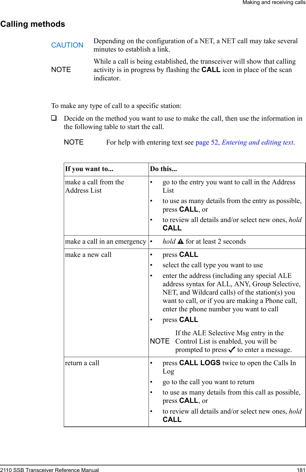 Making and receiving calls2110 SSB Transceiver Reference Manual 181Calling methodsTo make any type of call to a specific station:1Decide on the method you want to use to make the call, then use the information in the following table to start the call.CAUTION Depending on the configuration of a NET, a NET call may take several minutes to establish a link.NOTEWhile a call is being established, the transceiver will show that calling activity is in progress by flashing the CALL icon in place of the scan indicator.NOTE For help with entering text see page 52, Entering and editing text.If you want to... Do this...make a call from the Address List• go to the entry you want to call in the Address List• to use as many details from the entry as possible, press CALL, or• to review all details and/or select new ones, hold CALL make a call in an emergency • hold  for at least 2 secondsmake a new call • press CALL • select the call type you want to use• enter the address (including any special ALE address syntax for ALL, ANY, Group Selective, NET, and Wildcard calls) of the station(s) you want to call, or if you are making a Phone call, enter the phone number you want to call•press CALL NOTEIf the ALE Selective Msg entry in the Control List is enabled, you will be prompted to press  to enter a message.return a call • press CALL LOGS twice to open the Calls In Log• go to the call you want to return• to use as many details from this call as possible, press CALL, or• to review all details and/or select new ones, hold CALL 