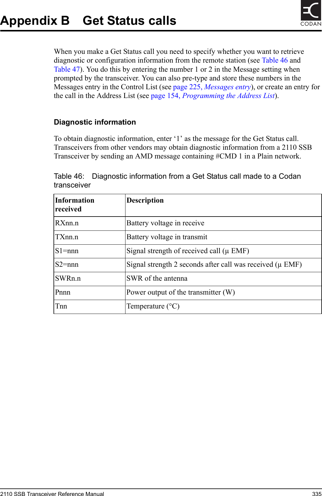 2110 SSB Transceiver Reference Manual 335CODANAppendix B Get Status callsWhen you make a Get Status call you need to specify whether you want to retrieve diagnostic or configuration information from the remote station (see Table 46 and Table 47). You do this by entering the number 1 or 2 in the Message setting when prompted by the transceiver. You can also pre-type and store these numbers in the Messages entry in the Control List (see page 225, Messages entry), or create an entry for the call in the Address List (see page 154, Programming the Address List).Diagnostic informationTo obtain diagnostic information, enter ‘1’ as the message for the Get Status call. Transceivers from other vendors may obtain diagnostic information from a 2110 SSB Transceiver by sending an AMD message containing #CMD 1 in a Plain network.Table 46: Diagnostic information from a Get Status call made to a Codan transceiverInformation receivedDescriptionRXnn.n Battery voltage in receiveTXnn.n Battery voltage in transmitS1=nnn Signal strength of received call (µ EMF)S2=nnn Signal strength 2 seconds after call was received (µ EMF)SWRn.n SWR of the antennaPnnn Power output of the transmitter (W)Tnn Temperature (°C)