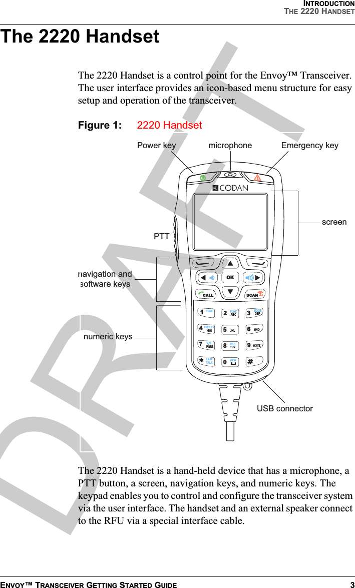 INTRODUCTIONTHE 2220 HANDSETENVOY™ TRANSCEIVER GETTING STARTED GUIDE 3The 2220 HandsetThe 2220 Handset is a control point for the Envoy™ Transceiver. The user interface provides an icon-based menu structure for easy setup and operation of the transceiver.Figure 1: 2220 HandsetThe 2220 Handset is a hand-held device that has a microphone, a PTT button, a screen, navigation keys, and numeric keys. The keypad enables you to control and configure the transceiver system via the user interface. The handset and an external speaker connect to the RFU via a special interface cable.navigation andsoftware keysPower key Emergency keynumeric keysUSB connectorscreenmicrophoneCALL SCANOK1TUNE FUNC MODEFREE RxSECVSVIEWEASITAL KABC DEFGHI JKL MNOPQRS TUV WXYZ234567890PTT