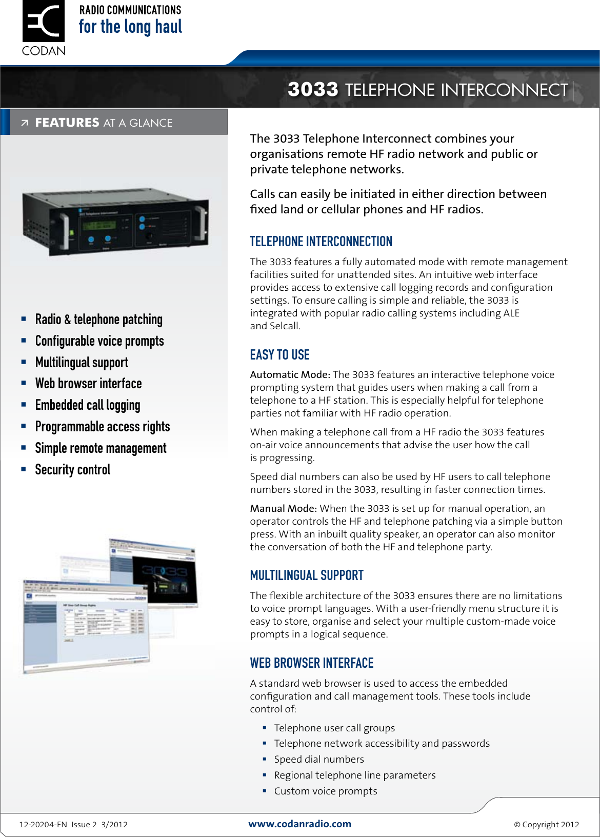 Page 1 of 2 - Codan  3033 HF Telephone Interconnect 3033-telephone-interconnect-datasheet