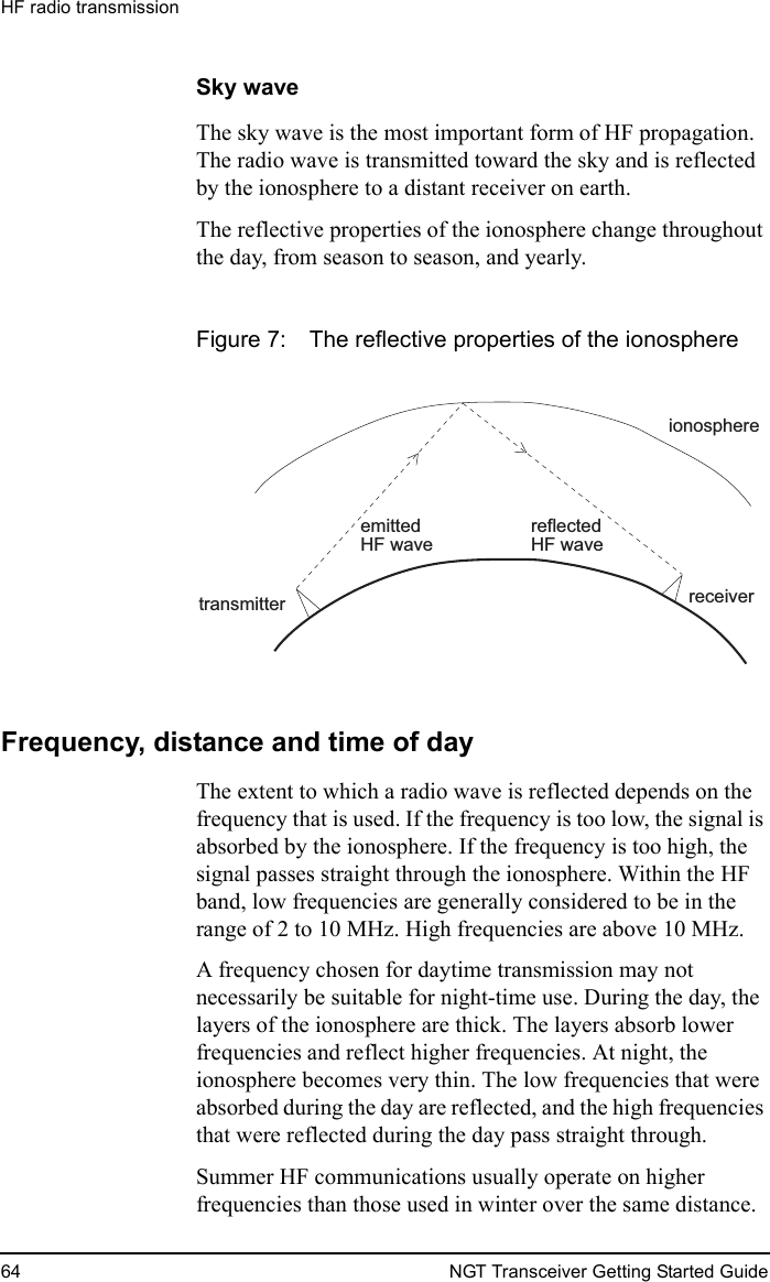 HF radio transmission64 NGT Transceiver Getting Started GuideSky waveThe sky wave is the most important form of HF propagation. The radio wave is transmitted toward the sky and is reflected by the ionosphere to a distant receiver on earth.The reflective properties of the ionosphere change throughout the day, from season to season, and yearly.Figure 7: The reflective properties of the ionosphereFrequency, distance and time of dayThe extent to which a radio wave is reflected depends on the frequency that is used. If the frequency is too low, the signal is absorbed by the ionosphere. If the frequency is too high, the signal passes straight through the ionosphere. Within the HF band, low frequencies are generally considered to be in the range of 2 to 10 MHz. High frequencies are above 10 MHz.A frequency chosen for daytime transmission may not necessarily be suitable for night-time use. During the day, the layers of the ionosphere are thick. The layers absorb lower frequencies and reflect higher frequencies. At night, the ionosphere becomes very thin. The low frequencies that were absorbed during the day are reflected, and the high frequencies that were reflected during the day pass straight through.Summer HF communications usually operate on higher frequencies than those used in winter over the same distance.ionospheretransmitter receiveremittedHF wavereflectedHF wave