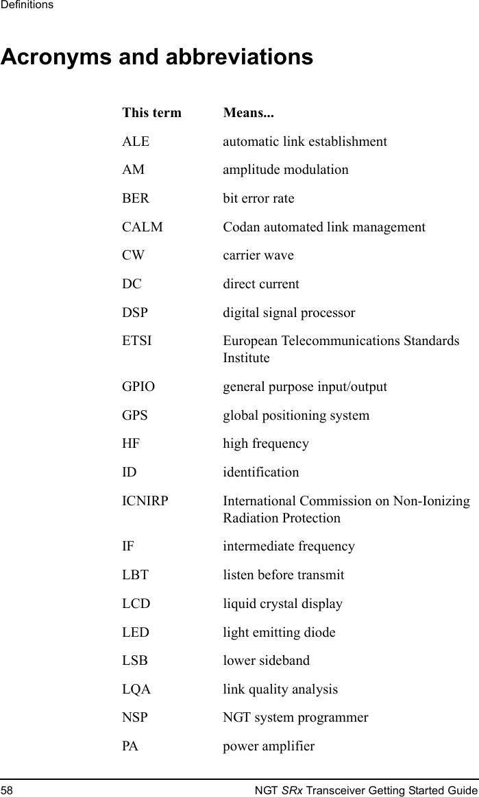 Definitions58 NGT SRx Transceiver Getting Started GuideAcronyms and abbreviationsThis term Means...ALE automatic link establishmentAM amplitude modulationBER bit error rateCALM Codan automated link managementCW carrier waveDC direct currentDSP digital signal processorETSI European Telecommunications Standards InstituteGPIO general purpose input/outputGPS global positioning systemHF high frequencyID identificationICNIRP International Commission on Non-Ionizing Radiation ProtectionIF intermediate frequencyLBT listen before transmitLCD liquid crystal displayLED light emitting diodeLSB lower sidebandLQA link quality analysisNSP NGT system programmerPA power amplifier