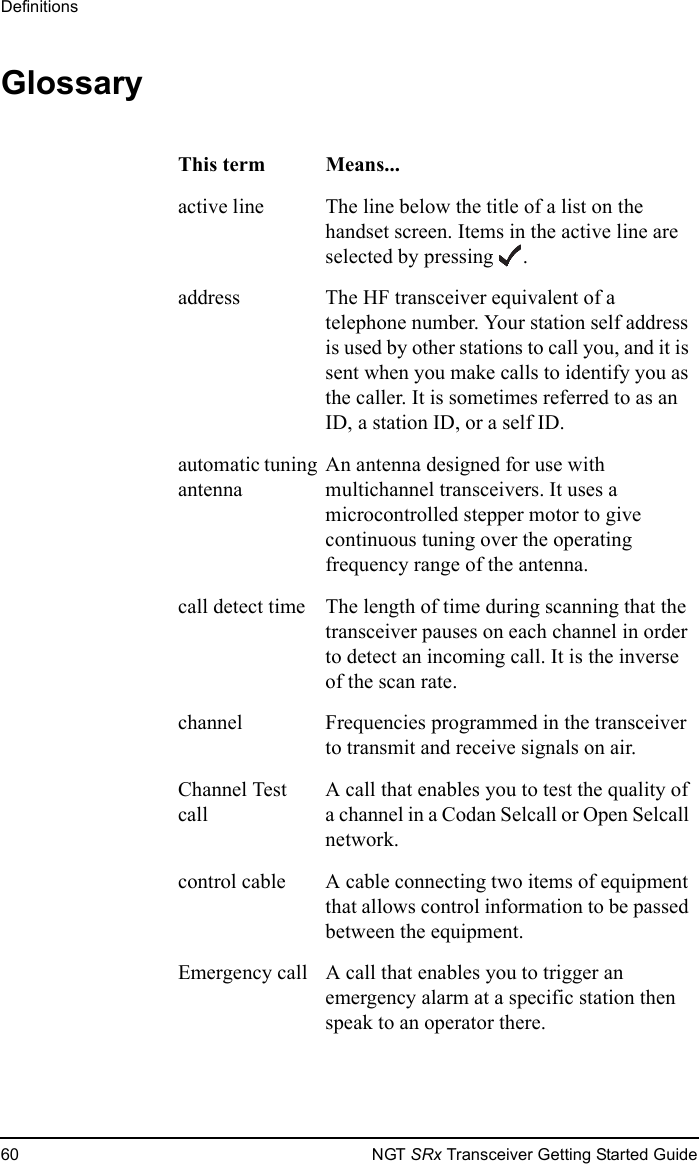 Definitions60 NGT SRx Transceiver Getting Started GuideGlossaryThis term Means...active line The line below the title of a list on the handset screen. Items in the active line are selected by pressing .address The HF transceiver equivalent of a telephone number. Your station self address is used by other stations to call you, and it is sent when you make calls to identify you as the caller. It is sometimes referred to as an ID, a station ID, or a self ID.automatic tuning antennaAn antenna designed for use with multichannel transceivers. It uses a microcontrolled stepper motor to give continuous tuning over the operating frequency range of the antenna.call detect time The length of time during scanning that the transceiver pauses on each channel in order to detect an incoming call. It is the inverse of the scan rate.channel Frequencies programmed in the transceiver to transmit and receive signals on air.Channel Test callA call that enables you to test the quality of a channel in a Codan Selcall or Open Selcall network.control cable A cable connecting two items of equipment that allows control information to be passed between the equipment.Emergency call A call that enables you to trigger an emergency alarm at a specific station then speak to an operator there.