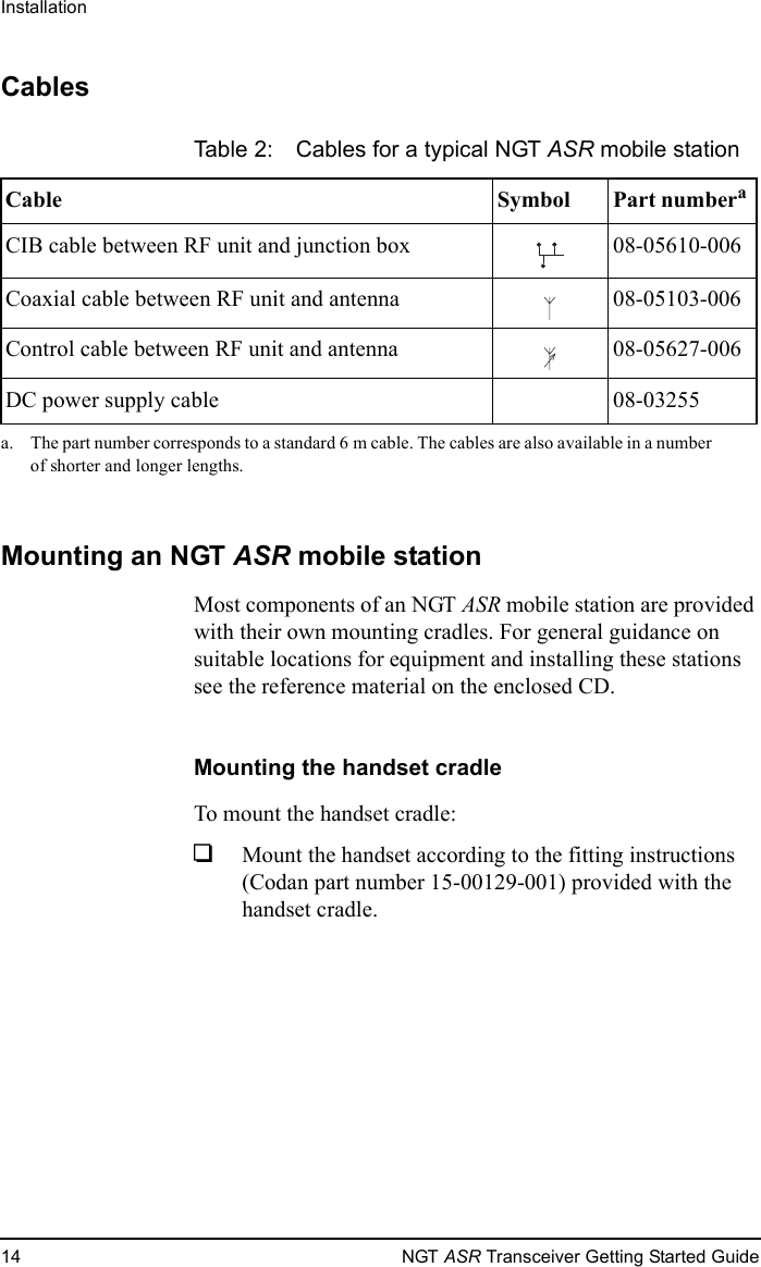 Installation14 NGT ASR Transceiver Getting Started GuideCablesMounting an NGT ASR mobile stationMost components of an NGT ASR mobile station are provided with their own mounting cradles. For general guidance on suitable locations for equipment and installing these stations see the reference material on the enclosed CD.Mounting the handset cradleTo mount the handset cradle:1Mount the handset according to the fitting instructions (Codan part number 15-00129-001) provided with the handset cradle.Table 2: Cables for a typical NGT ASR mobile stationCable Symbol Part numbera a. The part number corresponds to a standard 6 m cable. The cables are also available in a number of shorter and longer lengths.CIB cable between RF unit and junction box 08-05610-006Coaxial cable between RF unit and antenna 08-05103-006Control cable between RF unit and antenna 08-05627-006DC power supply cable 08-03255