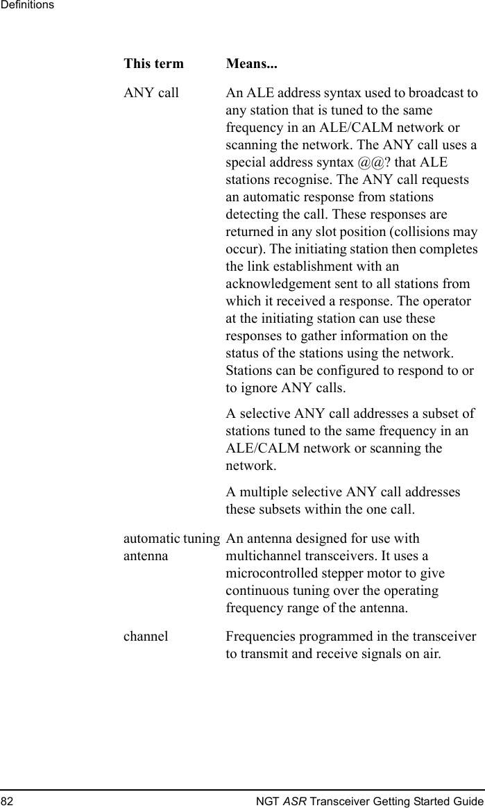 Definitions82 NGT ASR Transceiver Getting Started GuideANY call An ALE address syntax used to broadcast to any station that is tuned to the same frequency in an ALE/CALM network or scanning the network. The ANY call uses a special address syntax @@? that ALE stations recognise. The ANY call requests an automatic response from stations detecting the call. These responses are returned in any slot position (collisions may occur). The initiating station then completes the link establishment with an acknowledgement sent to all stations from which it received a response. The operator at the initiating station can use these responses to gather information on the status of the stations using the network. Stations can be configured to respond to or to ignore ANY calls.A selective ANY call addresses a subset of stations tuned to the same frequency in an ALE/CALM network or scanning the network.A multiple selective ANY call addresses these subsets within the one call.automatic tuning antennaAn antenna designed for use with multichannel transceivers. It uses a microcontrolled stepper motor to give continuous tuning over the operating frequency range of the antenna.channel Frequencies programmed in the transceiver to transmit and receive signals on air.This term Means...