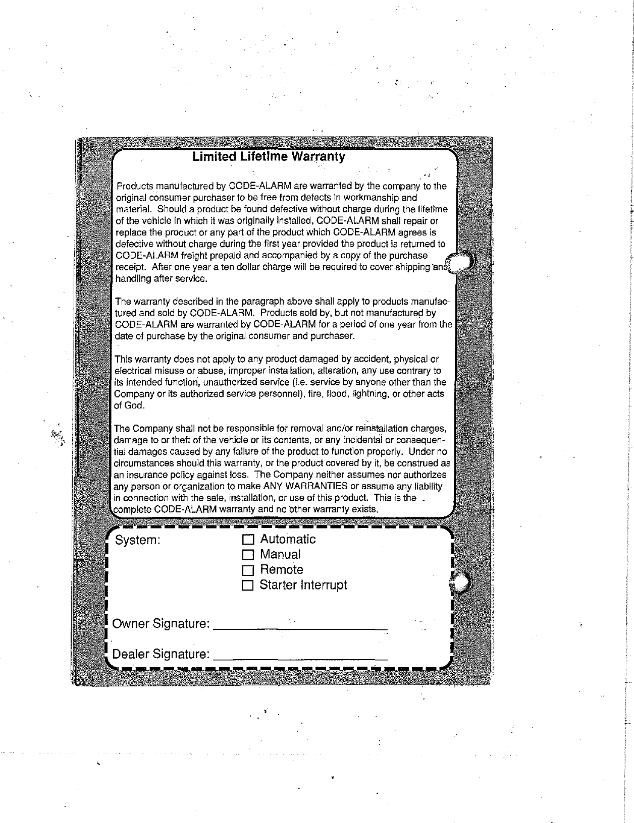 Page 9 of 9 - Code-Alarm Code-Alarm-Code-Alarm-Automobile-Alarm-1000-Users-Manual-  Code-alarm-code-alarm-automobile-alarm-1000-users-manual