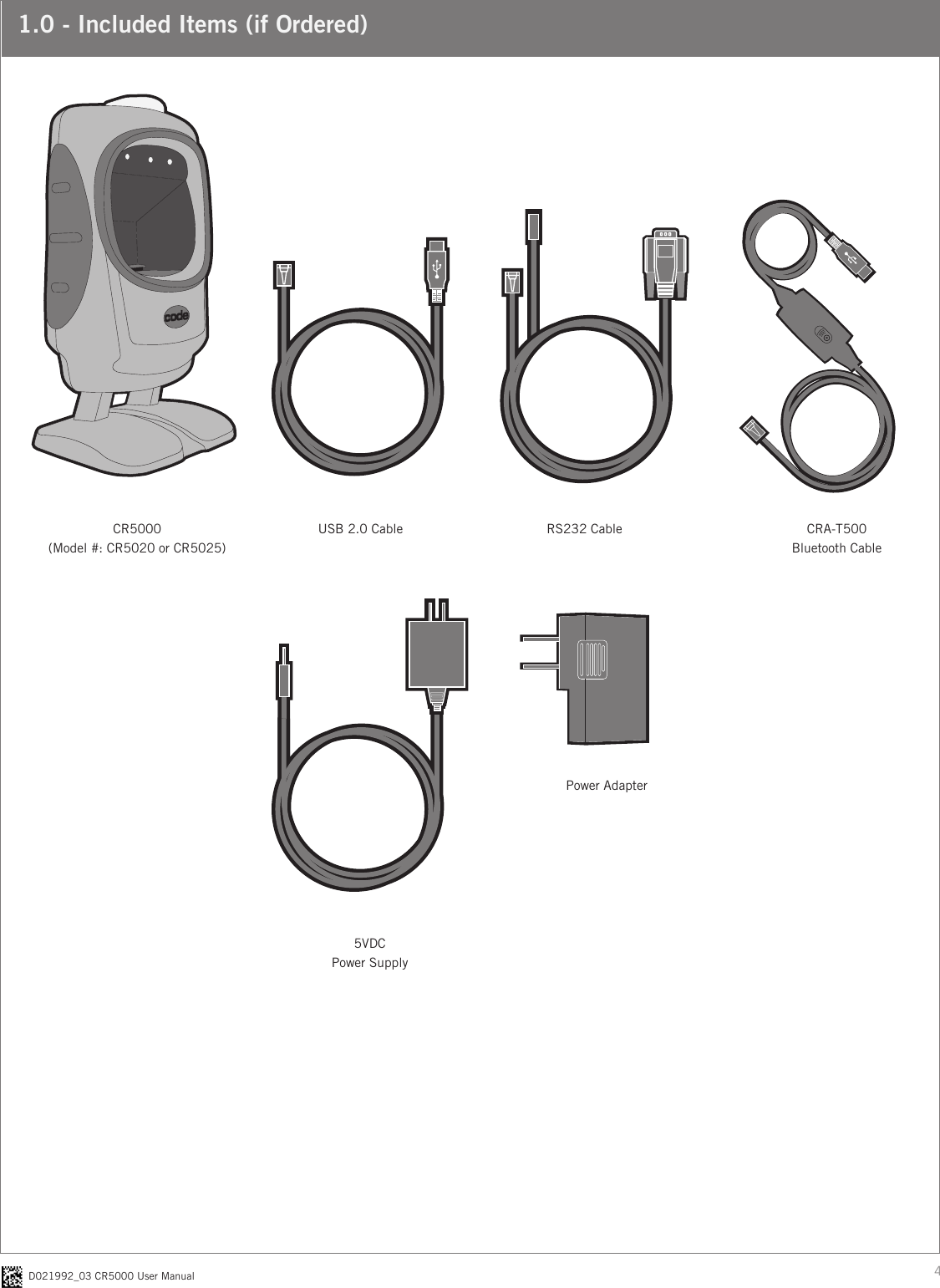 4D021992_03 CR5000 User Manual 1.0 - Included Items (if Ordered) CR5000 (Model #: CR5020 or CR5025)USB 2.0 Cable RS232 Cable5VDC Power SupplyCRA-T500Bluetooth CablePower Adapter