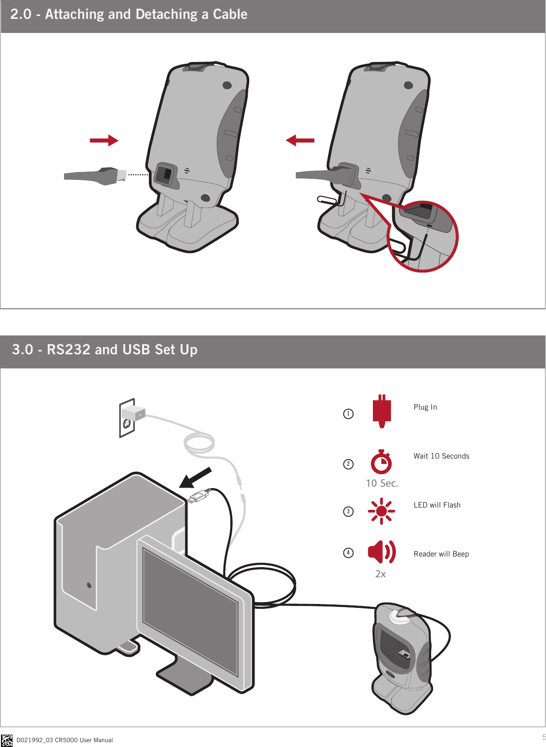 5D021992_03 CR5000 User Manual 2.0 - Attaching and Detaching a Cable 3.0 - RS232 and USB Set Up2x10  Sec.1Plug InWait 10 SecondsLED will FlashReader will Beep1234