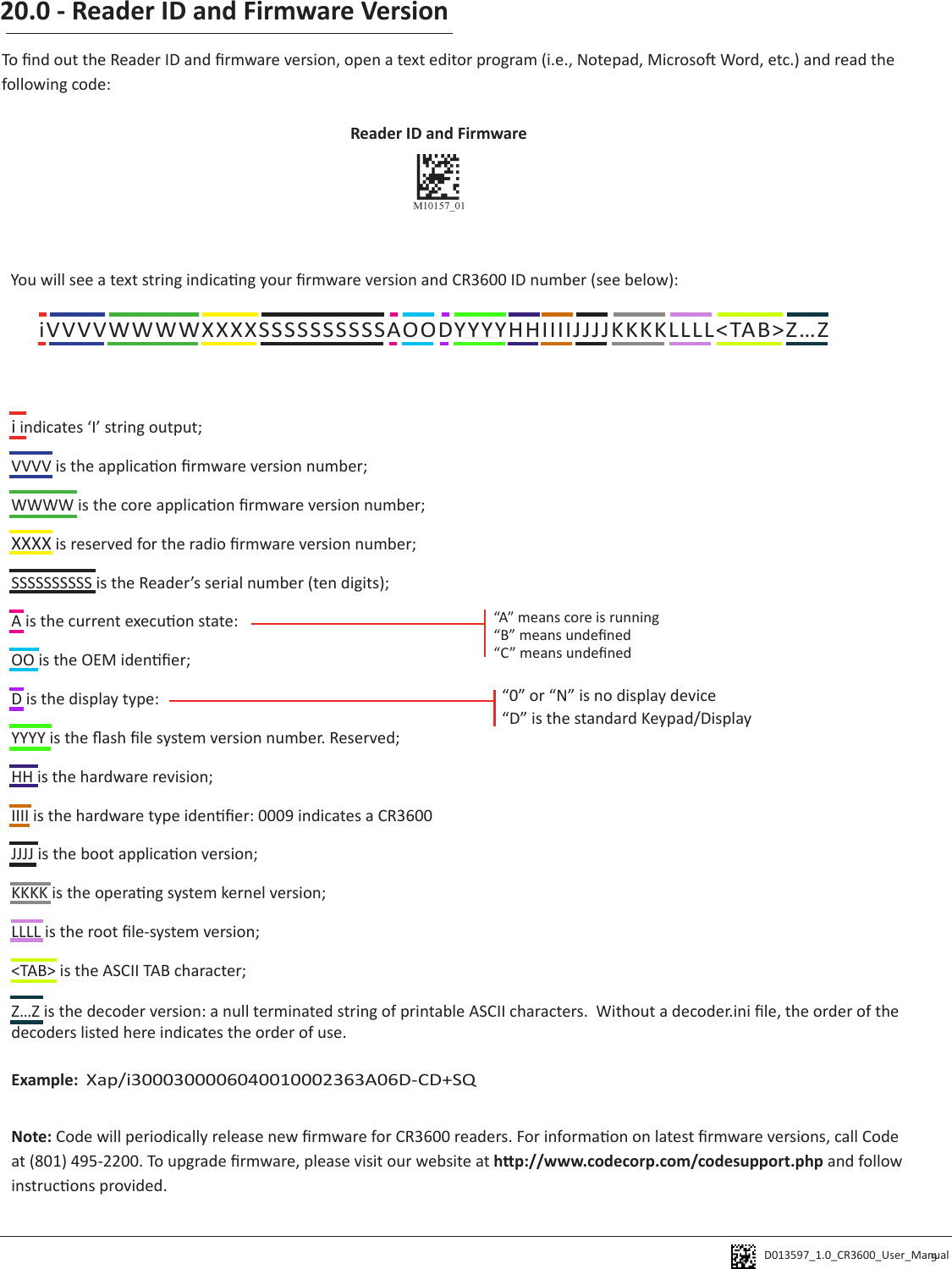 D013597_1.0_CR3600_User_Manual 20.0 - Reader ID and Firmware Version9Reader ID and Firmware iVVVVWWWWXXXXSSSSSSSSSSAOODYYYYHHIIIIJJJJKKKKLLLL&lt;TAB&gt;Z…ZTo nd out the Reader ID and rmware version, open a text editor program (i.e., Notepad, Microso Word, etc.) and read the following code:You will see a text string indicang your rmware version and CR3600 ID number (see below):i indicates ‘I’ string output;VVVV is the applicaon rmware version number;WWWW is the core applicaon rmware version number;XXXX is reserved for the radio rmware version number;SSSSSSSSSS is the Reader’s serial number (ten digits);A is the current execuon state:OO is the OEM idener; D is the display type:YYYY is the ash le system version number. Reserved;HH is the hardware revision;IIII is the hardware type idener: 0009 indicates a CR3600JJJJ is the boot applicaon version;KKKK is the operang system kernel version;LLLL is the root le-system version;&lt;TAB&gt; is the ASCII TAB character;Z…Z is the decoder version: a null terminated string of printable ASCII characters.  Without a decoder.ini le, the order of the decoders listed here indicates the order of use.Example:  Xap/i3000300006040010002363A06D-CD+SQNote: Code will periodically release new rmware for CR3600 readers. For informaon on latest rmware versions, call Code at (801) 495-2200. To upgrade rmware, please visit our website at hp://www.codecorp.com/codesupport.php and follow instrucons provided.“A” means core is running“B” means undened“C” means undened“0” or “N” is no display device“D” is the standard Keypad/Display