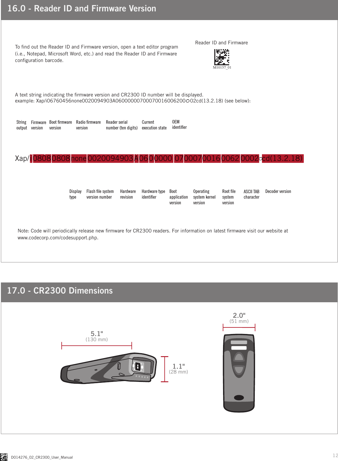 12D014276_02_CR2300_User_Manual16.0 - Reader ID and Firmware VersionReader ID and FirmwareXap/ i 0808 0808 none 0020094903 A 06 0 0000    0700070016 0062  0002  cd(13.2.18)A text string indicating the rmware version and CR2300 ID number will be displayed.example: Xap/i06760456none0020094903A06000000700070016006200   02cd(13.2.18) (see below):To nd out the Reader ID and Firmware version, open a text editor program (i.e., Notepad, Microsoft Word, etc.) and read the Reader ID and Firmware conguration barcode.Note: Code will periodically release new rmware for CR2300 readers. For information on latest rmware visit our website at www.codecorp.com/codesupport.php.Display  typeFlash ﬁle system version numberHardware revisionHardware type identiﬁerBoot  application versionOperating system kernel versionRoot ﬁle system versionDecoder versionASCII TAB character○Firmware versionBoot ﬁrmware versionRadio ﬁrmware versionReader serial  number (ten digits)Current execution stateString  outputOEM  identiﬁer○17.0 - CR2300 Dimensions5.1&quot;(130 mm)1.1&quot;(28 mm)2.0&quot;(51 mm)
