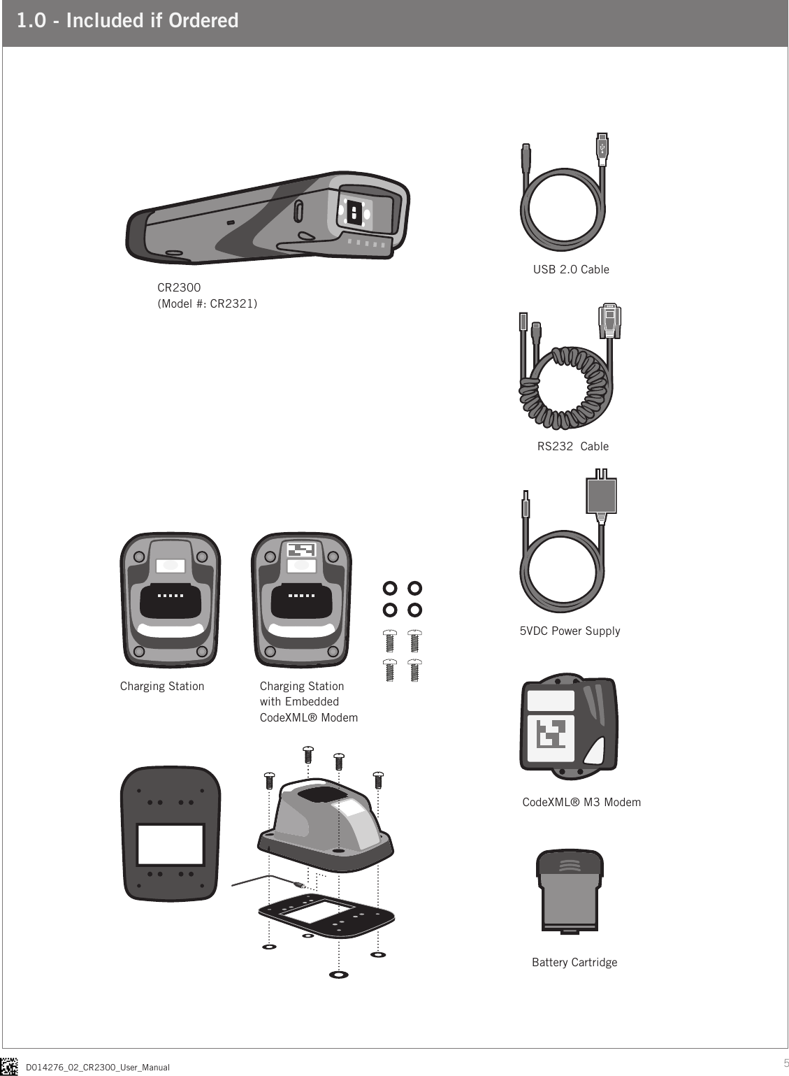 5D014276_02_CR2300_User_Manual 1.0 - Included if OrderedCR2300(Model #: CR2321)USB 2.0 CableRS232  Cable5VDC Power SupplyCodeXML® M3 ModemBattery CartridgeCharging Station Charging Stationwith EmbeddedCodeXML® Modem