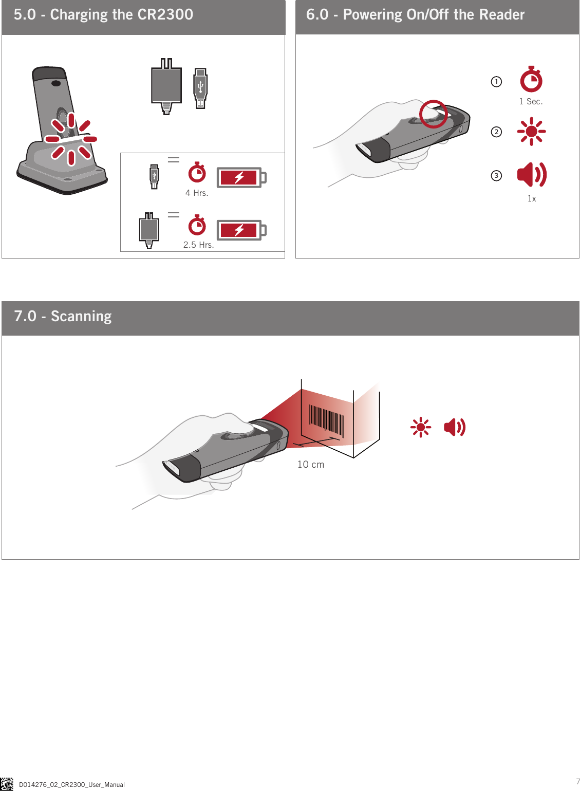 7D014276_02_CR2300_User_Manual6.0 - Powering On/Off the Reader1235.0 -  Charging the CR2300==4 Hrs.2.5 Hrs.1 Sec.1x7.0 - Scanning10 cm