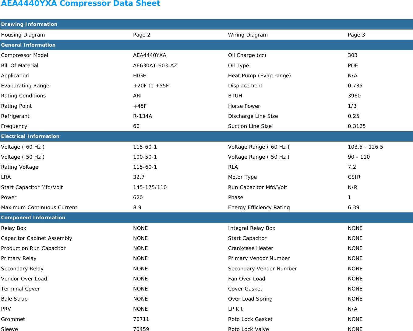 Page 1 of 3 - AEA4440YXA Compressor Data Sheet
