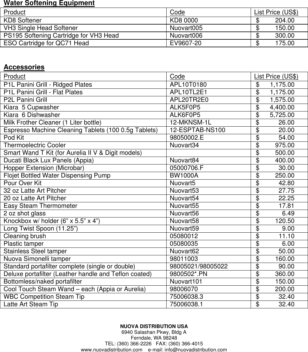 2012 Price List Nuova simonelli