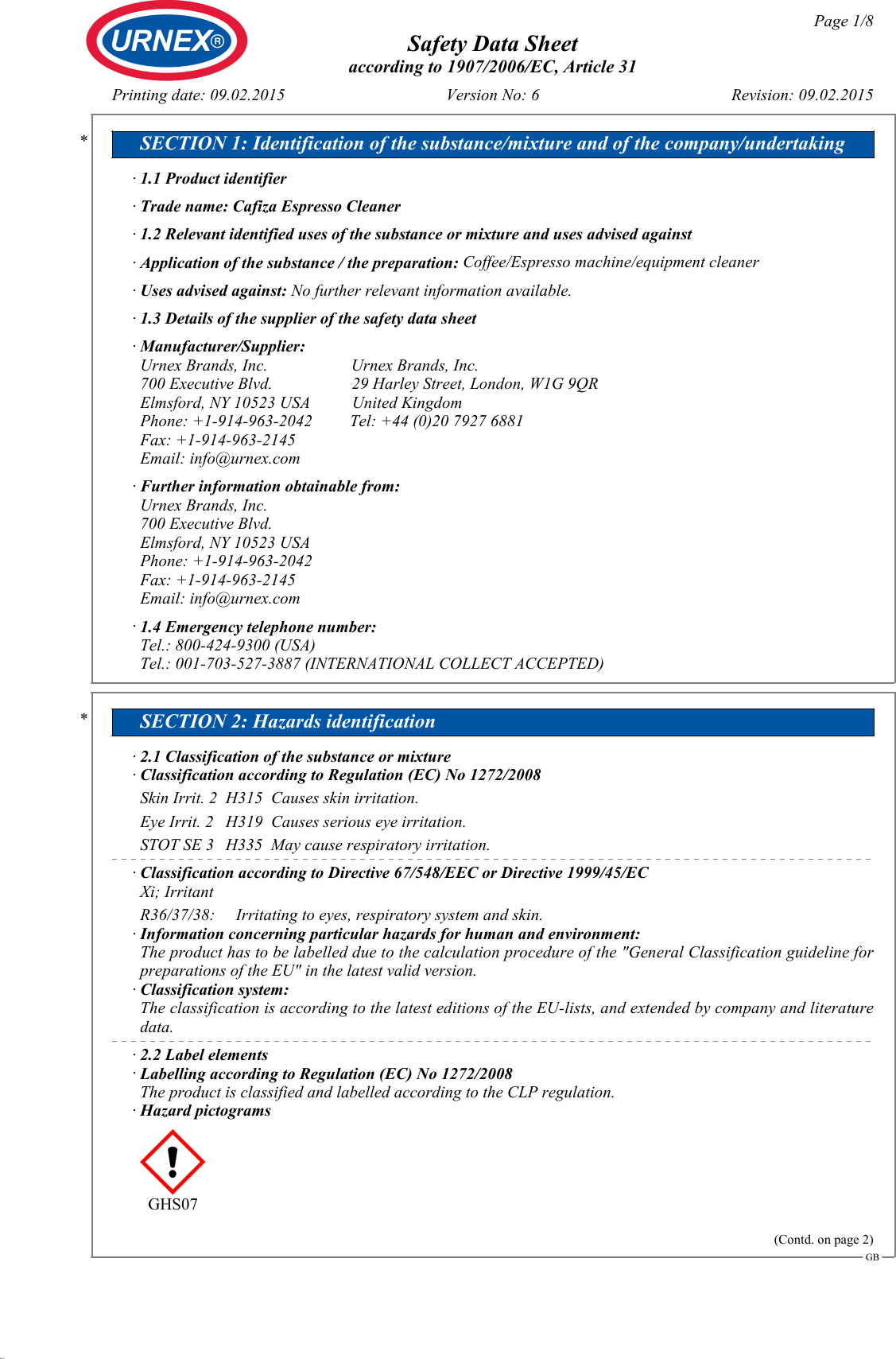 Page 1 of 8 - SDS_Cafiza_Espresso_Cleaner_(GB)_v6  Safety-data-sheet-cafiza 1