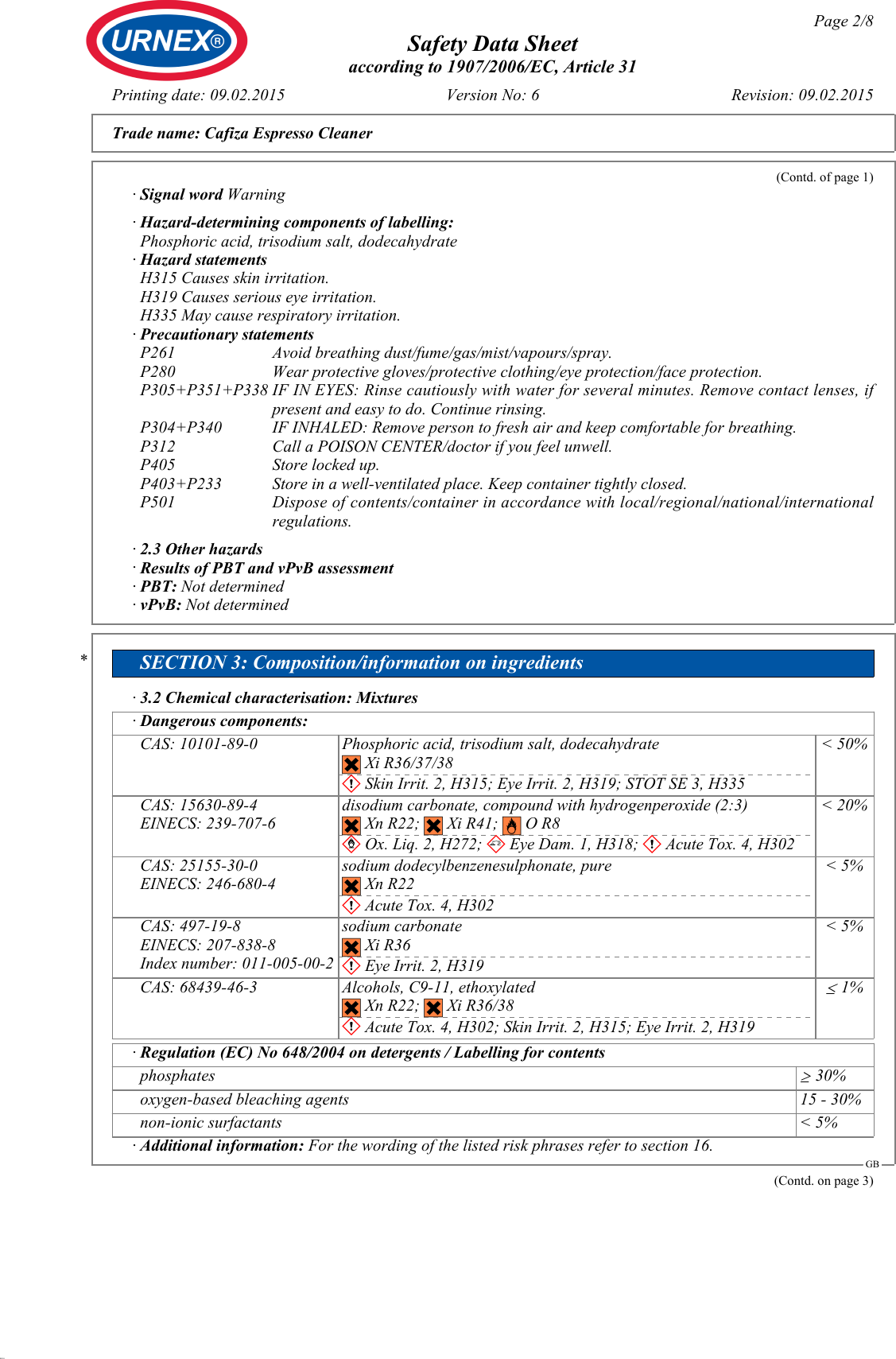 Page 2 of 8 - SDS_Cafiza_Espresso_Cleaner_(GB)_v6  Safety-data-sheet-cafiza 1