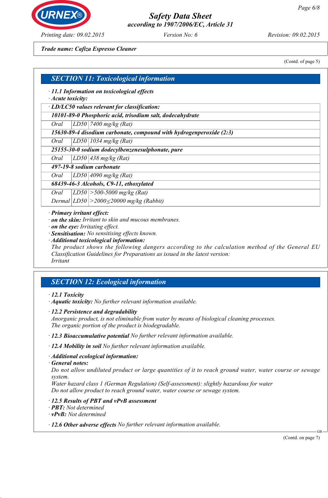 Page 6 of 8 - SDS_Cafiza_Espresso_Cleaner_(GB)_v6  Safety-data-sheet-cafiza 1