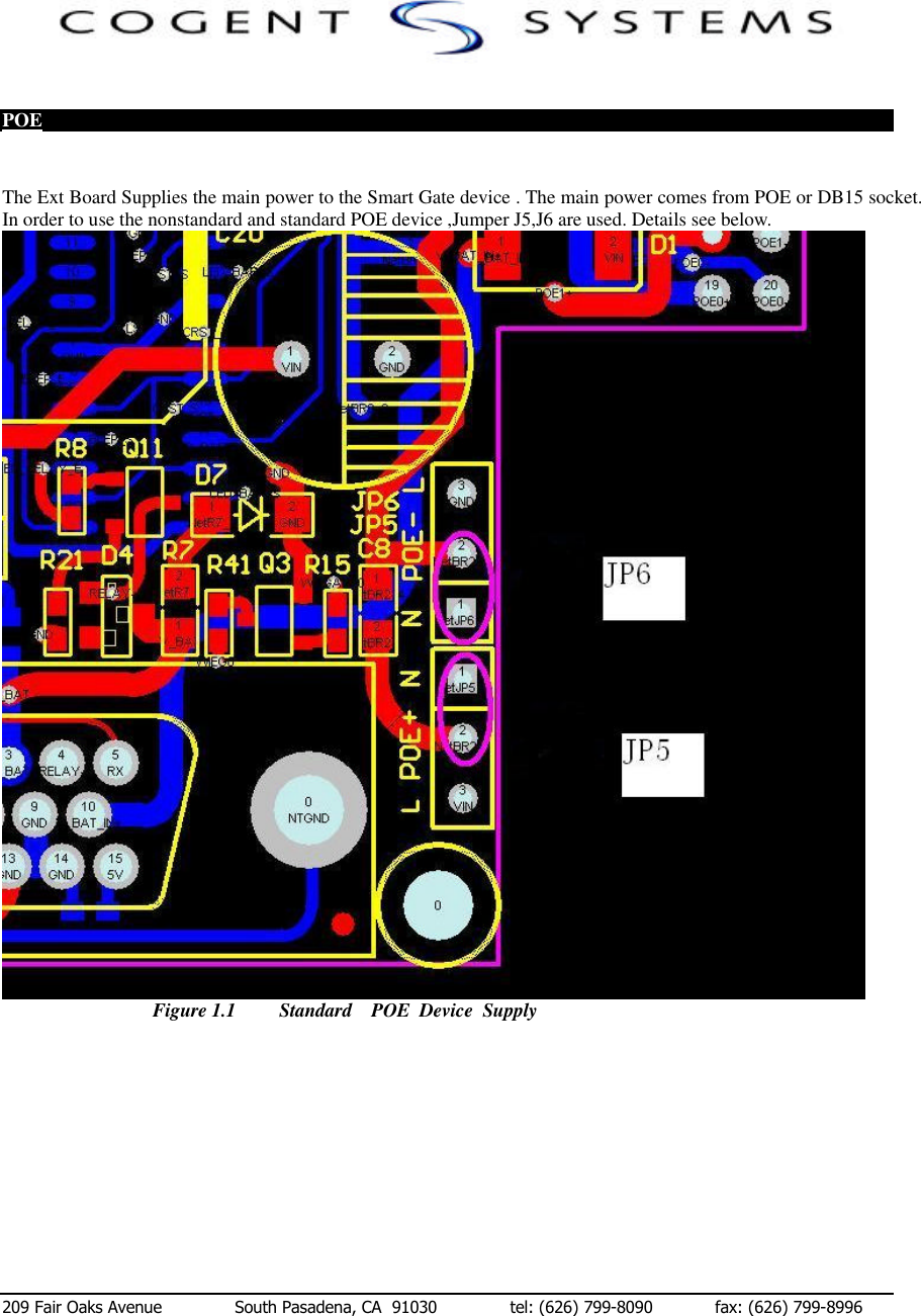  209 Fair Oaks Avenue              South Pasadena, CA  91030              tel: (626) 799-8090            fax: (626) 799-8996   POE  The Ext Board Supplies the main power to the Smart Gate device . The main power comes from POE or DB15 socket.  In order to use the nonstandard and standard POE device ,Jumper J5,J6 are used. Details see below.                         Figure 1.1         Standard    POE  Device  Supply            