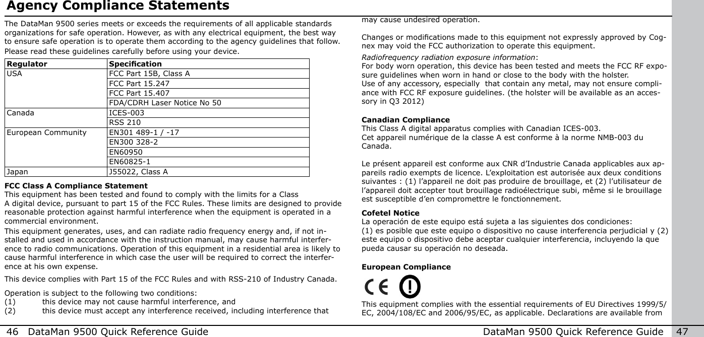 46  DataMan 9500 Quick Reference Guide DataMan 9500 Quick Reference Guide   47The DataMan 9500 series meets or exceeds the requirements of all applicable standards organizations for safe operation. However, as with any electrical equipment, the best way to ensure safe operation is to operate them according to the agency guidelines that follow. Please read these guidelines carefully before using your device.Regulator  SpecicationUSA FCC Part 15B, Class AFCC Part 15.247FCC Part 15.407FDA/CDRH Laser Notice No 50Canada ICES-003RSS 210European Community EN301 489-1 / -17EN300 328-2EN60950EN60825-1Japan J55022, Class AAgency Compliance StatementsFCC Class A Compliance StatementThis equipment has been tested and found to comply with the limits for a ClassA digital device, pursuant to part 15 of the FCC Rules. These limits are designed to provide reasonable protection against harmful interference when the equipment is operated in a commercial environment. This equipment generates, uses, and can radiate radio frequency energy and, if not in-stalled and used in accordance with the instruction manual, may cause harmful interfer-ence to radio communications. Operation of this equipment in a residential area is likely to cause harmful interference in which case the user will be required to correct the interfer-ence at his own expense.This device complies with Part 15 of the FCC Rules and with RSS-210 of Industry Canada. Operation is subject to the following two conditions: (1)  this device may not cause harmful interference, and (2)  this device must accept any interference received, including interference that Canadian ComplianceThis Class A digital apparatus complies with Canadian ICES-003. Cet appareil numérique de la classe A est conforme à la norme NMB-003 du Canada. Le présent appareil est conforme aux CNR d’Industrie Canada applicables aux ap-pareils radio exempts de licence. L’exploitation est autorisée aux deux conditions suivantes : (1) l’appareil ne doit pas produire de brouillage, et (2) l’utilisateur de l’appareil doit accepter tout brouillage radioélectrique subi, même si le brouillage est susceptible d’en compromettre le fonctionnement.Cofetel NoticeLa operación de este equipo está sujeta a las siguientes dos condiciones:(1) es posible que este equipo o dispositivo no cause interferencia perjudicial y (2) este equipo o dispositivo debe aceptar cualquier interferencia, incluyendo la que pueda causar su operación no deseada.European Compliance   This equipment complies with the essential requirements of EU Directives 1999/5/EC, 2004/108/EC and 2006/95/EC, as applicable. Declarations are available from may cause undesired operation. Changes or modications made to this equipment not expressly approved by Cog-nex may void the FCC authorization to operate this equipment.Radiofrequency radiation exposure information:For body worn operation, this device has been tested and meets the FCC RF expo-sure guidelines when worn in hand or close to the body with the holster.Use of any accessory, especially  that contain any metal, may not ensure compli-ance with FCC RF exposure guidelines. (the holster will be available as an acces-sory in Q3 2012)