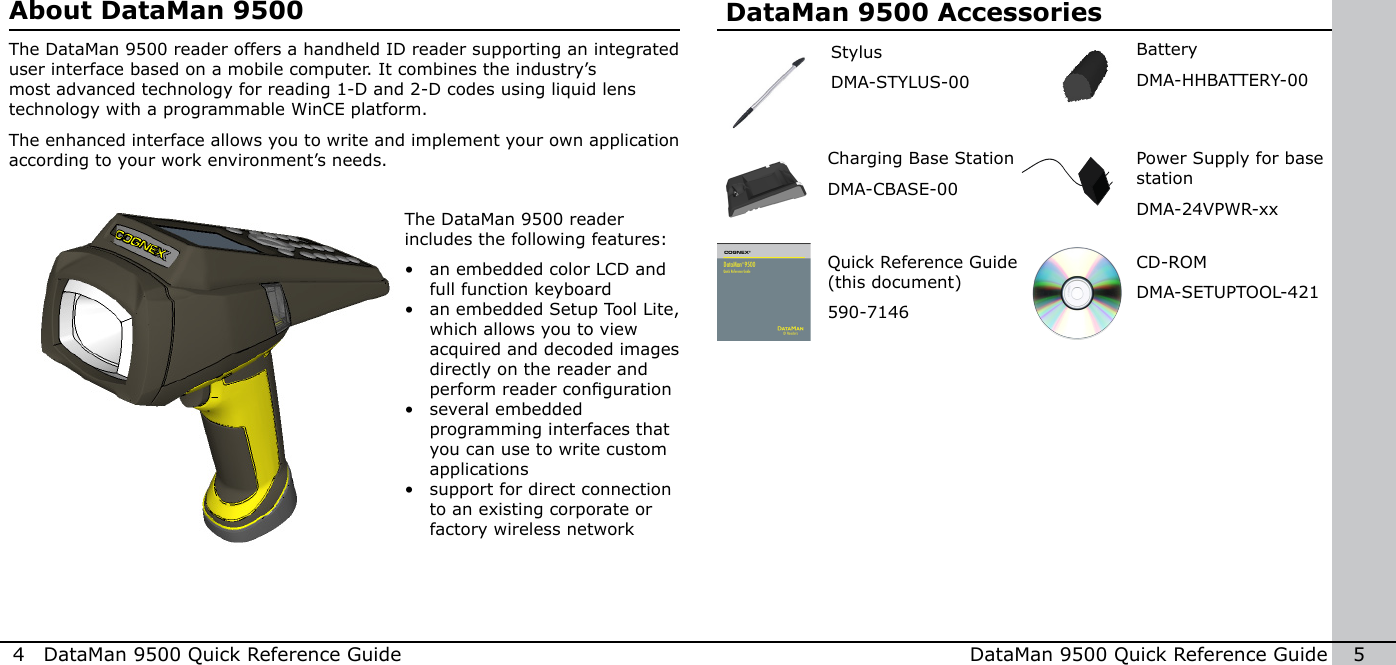 4  DataMan 9500 Quick Reference Guide DataMan 9500 Quick Reference Guide   5About DataMan 9500The DataMan 9500 reader offers a handheld ID reader supporting an integrated user interface based on a mobile computer. It combines the industry’s most advanced technology for reading 1-D and 2-D codes using liquid lens technology with a programmable WinCE platform.The enhanced interface allows you to write and implement your own application according to your work environment’s needs.The DataMan 9500 reader includes the following features:•  an embedded color LCD and full function keyboard•  an embedded Setup Tool Lite, which allows you to view acquired and decoded images directly on the reader and perform reader conguration•  several embedded programming interfaces that you can use to write custom applications•  support for direct connection to an existing corporate or factory wireless networkDataMan 9500 AccessoriesCharging Base Station DMA-CBASE-00Power Supply for base stationDMA-24VPWR-xxBatteryDMA-HHBATTERY-00Stylus DMA-STYLUS-00CD-ROMDMA-SETUPTOOL-421Quick Reference Guide (this document)590-7146