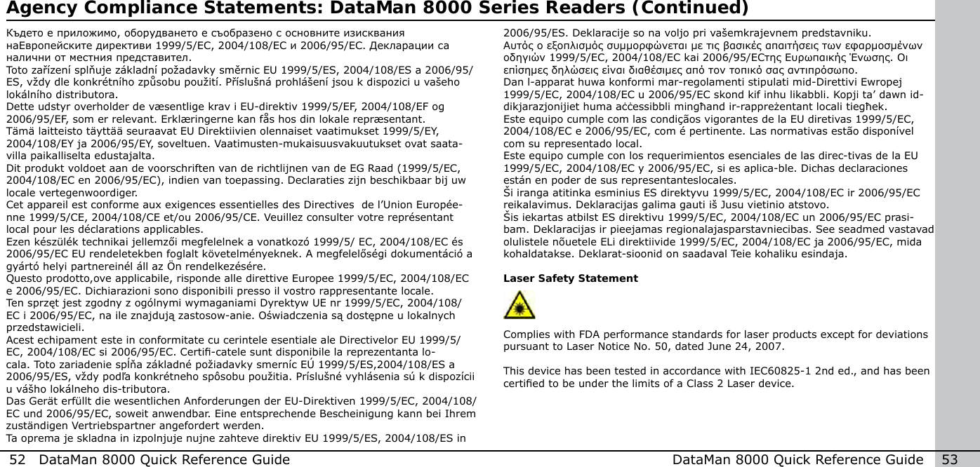 52  DataMan 8000 Quick Reference Guide DataMan 8000 Quick Reference Guide   53Agency Compliance Statements: DataMan 8000 Series Readers (Continued)Където е приложимо, оборудването е съобразено с основните изисквания наЕвропейските директиви 1999/5/ЕС, 2004/108/ЕС и 2006/95/ЕС. Декларации са налични от местния представител. Toto zařízení splňuje základní požadavky směrnic EU 1999/5/ES, 2004/108/ES a 2006/95/ES, vždy dle konkrétního způsobu použití. Příslušná prohlášení jsou k dispozici u vašeho lokálního distributora. Dette udstyr overholder de væsentlige krav i EU-direktiv 1999/5/EF, 2004/108/EF og 2006/95/EF, som er relevant. Erklæringerne kan fås hos din lokale repræsentant. Tämä laitteisto täyttää seuraavat EU Direktiivien olennaiset vaatimukset 1999/5/EY, 2004/108/EY ja 2006/95/EY, soveltuen. Vaatimusten-mukaisuusvakuutukset ovat saata-villa paikalliselta edustajalta. Dit produkt voldoet aan de voorschriften van de richtlijnen van de EG Raad (1999/5/EC, 2004/108/EC en 2006/95/EC), indien van toepassing. Declaraties zijn beschikbaar bij uw locale vertegenwoordiger. Cet appareil est conforme aux exigences essentielles des Directives  de l’Union Europée-nne 1999/5/CE, 2004/108/CE et/ou 2006/95/CE. Veuillez consulter votre représentant local pour les déclarations applicables.                                                               Ezen készülék technikai jellemzői megfelelnek a vonatkozó 1999/5/ EC, 2004/108/EC és 2006/95/EC EU rendeletekben foglalt követelményeknek. A megfelelőségi dokumentáció a gyártó helyi partnereinél áll az Ön rendelkezésére. Questo prodotto,ove applicabile, risponde alle direttive Europee 1999/5/EC, 2004/108/EC e 2006/95/EC. Dichiarazioni sono disponibili presso il vostro rappresentante locale. Ten sprzęt jest zgodny z ogólnymi wymaganiami Dyrektyw UE nr 1999/5/EC, 2004/108/EC i 2006/95/EC, na ile znajdują zastosow-anie. Oświadczenia są dostępne u lokalnych przedstawicieli. Acest echipament este in conformitate cu cerintele esentiale ale Directivelor EU 1999/5/EC, 2004/108/EC si 2006/95/EC. Certi-catele sunt disponibile la reprezentanta lo-cala. Toto zariadenie spĺňa základné požiadavky smerníc EÚ 1999/5/ES,2004/108/ES a 2006/95/ES, vždy podľa konkrétneho spôsobu použitia. Príslušné vyhlásenia sú k dispozícii u vášho lokálneho dis-tributora. Das Gerät erfüllt die wesentlichen Anforderungen der EU-Direktiven 1999/5/EC, 2004/108/EC und 2006/95/EC, soweit anwendbar. Eine entsprechende Bescheinigung kann bei Ihrem zuständigen Vertriebspartner angefordert werden. Ta oprema je skladna in izpolnjuje nujne zahteve direktiv EU 1999/5/ES, 2004/108/ES in 2006/95/ES. Deklaracije so na voljo pri vašemkrajevnem predstavniku. Αυτός ο εξοπλισμός συμμορφώνεται με τις βασικές απαιτήσεις των εφαρμοσμένων οδηγιών 1999/5/EC, 2004/108/EC kai 2006/95/ECτης Ευρωπαικής Ένωσης. Οι επίσημες δηλώσεις είναι διαθέσιμες από τον τοπικό σας αντιπρόσωπο. Dan l-apparat huwa konformi mar-regolamenti stipulati mid-Direttivi Ewropej 1999/5/EC, 2004/108/EC u 2006/95/EC skond kif inhu likabbli. Kopji ta’ dawn id-dikjarazjonijiet huma aċċessibbli mingħand ir-rappreżentant locali tiegħek. Este equipo cumple com las condiçãos vigorantes de la EU diretivas 1999/5/EC, 2004/108/EC e 2006/95/EC, com é pertinente. Las normativas estão disponível com su representado local. Este equipo cumple con los requerimientos esenciales de las direc-tivas de la EU 1999/5/EC, 2004/108/EC y 2006/95/EC, si es aplica-ble. Dichas declaraciones están en poder de sus representanteslocales. Ši iranga atitinka esminius ES direktyvu 1999/5/EC, 2004/108/EC ir 2006/95/EC reikalavimus. Deklaracijas galima gauti iš Jusu vietinio atstovo. Šis iekartas atbilst ES direktivu 1999/5/EC, 2004/108/EC un 2006/95/EC prasi-bam. Deklaracijas ir pieejamas regionalajasparstavniecibas. See seadmed vastavad olulistele nõuetele ELi direktiivide 1999/5/EC, 2004/108/EC ja 2006/95/EC, mida kohaldatakse. Deklarat-sioonid on saadaval Teie kohaliku esindaja. Laser Safety Statement Complies with FDA performance standards for laser products except for deviations pursuant to Laser Notice No. 50, dated June 24, 2007.This device has been tested in accordance with IEC60825-1 2nd ed., and has been certied to be under the limits of a Class 2 Laser device. 